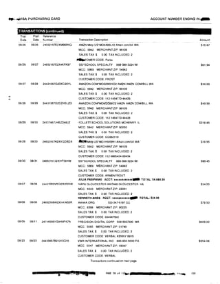 -v .,.WISA PURCHASING CARD ACCOUNT NUMBER ENDING IN:...
TRANSACTIONS (continued)
Tran Post Reference
Dale Dale Number Transaction Description Amount
08126 08/26 24692167E2XM965NQ AMZN MKtp US*MO5A86L10 Amzn.comibill WA $15.87
MCC: 5942 MERCHANT ZIP: 98109
SALES TAX$ 0.00 TAX INCLUDED: 2
....TOMER CODE. Parks
08i26 08/27 24692167E2X4KFK97 ss1·scHOOL SPECIALTY 888·388-3224 WI $61.94
MCC: 5969 MERCHANT ZIP: 54942
SALES TAX:$ 0.00 TAX INCLUDED 2
CUSTOMER CODE: FROST
08127 08128 24431067G2DK020YL AMAZON.COM*MO32W0HO2 AMZN AMZN COMIBILL WA $38 86
MCC: 5942 MERCHANT ZIP: 98109
SALES TAX:$ 0.00 TAX INCLUDED: 2
CUSTOMER CODE: 112·1454773·4442611
08128 08/29 24431067G2DZHSLZG AMAZON.COM•Mo8QQ98C2 AMZN AMZN.COM/BILL WA $49.98
MCC: 5942 MERCHANT ZIP 98109
SALES TAX:$ 0.00 TAX INCLUDED: 2
CUSTOMER CODE: 112-1454773-44426
08/29 08130 24137467JHEZD48JZ FOLLETT SCHOOL SOLUTIONS MCHENRY IL $319.85
MCC: 5942 MERCHANT ZIP: 60050
SALES TAX:$ 0 00 TAX INCLUDED: 2
CUSTOMER CODE: CC082119
08129 08/30 24692167H2XVQDBDX ..2.#Mktp us·Mo1H91BH1 Amzn.com/bill WA. $18 95
MCC: 5942 MERCHANT ZIP: 98109
SALES TAX:$ 0.00 TAX INCLUDED: 2
CUSTOMER CODE: 112-9885404-89434
08/30 08/31 24692167J2XHF58HW SSl'SCHOOL SPECIALTY 888-388-3224 WI $99.45
MCC: 5969 MERCHANT ZIP: 54942
SALES TAX:$ 0.00 TAX INCLUDED: 2
CUSTOMER CODE: ARMENTROUT
JULIA PASIPANKI ACCT: xxxxxllllllll- TOTAL: $4,689.39
08107 08108 244.31055VRQE82RRW NAPA GLOUCESTER 0027480 GLOUCESTER VA $34.00
MGC: 5533 MERCHANT ZIP: 23061
SALES TAX$ 0.00 TAX INCLUDED: 2
KENNETH AKES ACCT: xxxxxxxxxxx,.. TOTAL: $34.00
08108 08/08 24692166W2XNKW53R AWWA.ORG 303-347-6197 co $79.50
MCC: 8398 MERCHANT ZIP: 60235
SALES TAX:$ 0 00 TAX INCLUDED: 2
CUSTOMER CODE: 684987080
08109 08111 24744556YG9H9PK7A PRECISION DIGITAL CORP 508-6557300 MA $609.00
MCC: 5085 MERCHANT ZIP: 01748
SALES TAX:$ 0.00 TAX INCLUDED: 2
CUSTOMER CODE: VERBAL KENNY 8919
08/23 08/23 24435657B21213O15 VWR INTERNATIONAL INC 800-932-5000 PA $254.08
MCC: 5047 MERCHANT ZIP: 19087
SALES TAX:$ 0.00 TAX INCLUDED: 2
CUSTOMER CODE. VERBAL
Transactions continued on next page
a • SJJ1£.Q PAGE 38 of llW',I' ......... TA-- 230
 