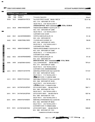 -
_." VISA PURCHASING CARD ACCOUNT NUMBER ENDING IN I W
- TRANSACTIONS (continued)
-
=-------
!!!!!
=iii
!!!!!
---
Tran
Date
Post Reference
Date Number
08/26 08/27 24493987E61HT8TJX
08/19 08120 2469216782XZQ4ZFE
08/20 08121 2443106795SWZ8WEV
08120 08/22 24299107902LF3MD0
08121 08122 24692167A2X84DD01
08/22 08123 24431067B5SWZ8WZ0
08/08 08109 24164076W31V20HEV
08/13 08114 2469216712XYS1PHE
06/13 08114 2469216712X91G3J9
08/14 08/16 2413746732XQZPD6Y
08/14 08116 2413746732XQZPD9H
08/15 08116 2469216732Y20GZDE
08115 08118 2413746742XB6TXG9
Transaction Description
- ·-· ···· · ·-···
FACTORY DIRECT BLINDS 909·931-1660 CA
MCC: 5714 MERCHANT ZIP: 91730
SALES TAX:$ 0.00 TAX INCLUDED: 0
VIRGINIA DEPTOLA ACCT: xxxxxxxxxx� TOTAL: $3,359.94
PANERA BREAD #600687 P GLEN ALLEN VA
MCC: 5814 MERCHANT ZIP: 23060
SALES TAX:$ 1.23 TAX INCLUDED: 1
CUSTOMER CODE: 301457
CHIPOTLE 0460 GLEN ALLEN VA
MCC: 5814 MERCHANT ZIP:
7-ELEVEN 34315 HUDGINS VA
MCC: 5542 MERCHANT ZIP: 23076
SALES TAX:$ 0.03 TAXINCLUDED: 1
CUSTOMER CODE: P52019
PANERA BREAD #600687 P GLEN ALLEN VA
MCC: 5814 MERCHANT ZIP: 23060
SALES TAX:$ 1.17 TAXINCLUDED: 1
CUSTOMER CODE: 301885
CHIPOTLE 0460 GLEN ALLEN VA
MCC: 5814 MERCHANT ZIP:
BRENTON PAYNE ACCT: xxxxxxxxxxxiae TOTAL: $89.00
QUILL CORPORATION 800-982-3400 SC
MCC: 5111 MERCHANT ZIP: 29203
SALES TAX:$ 0.00 TAX INCLUDED: 2
CUSTOMER CODE: 00000000000000000
AMZN Mktp US'MA47L4UM1 Amzn.com/bill WA
MCC: 5942 MERCHANT ZIP: 98109
SALES TAX:$ 5 72 TAX INCLUDED 1
�MER CODE: 111·2249152-18658
AMZN Mktp US*MO5J41072 Amzn.com/bill WA
MCC: 5942 MERCHANT ZIP: 98109
SALES TAX:$ 2.06 TAX INCLUDED 1
ct.fM�ER CODE: 111·8224415-51554
OFFICE DEPOT #5910 800-463-3768 PA
MCC: 5965 MERCHANT ZIP: 17241
SALES TAX:$ 0.00 TAX INCLUDED: 2
OFFICE DEPOT #5910 800-463-3768 PA
MCC: 5965 MERCHANT ZIP: 17241
SALES TAX:$ 0.00 TAXINCLUDED: 2
AMZN Mktp US*MA04G4D30 Amzn.com/bill WA
MCC: 5942 MERCHANT ZIP: 98109
SALES TAX:$ 2 92 TAX INCLUDED 1
CUSTOMER CODE: 111-9084872-83930
OFFICE DEPOT #5910 800-463-3768 PA
MCC 5965 MERCHANT ZIP: 17241
Transactions continued on next page
Amount
$2,417 36
$14.49
$11.26
$38 28
$13 73
$11.26
$273.27
$113.87
$41 08
$547.17
$237.49
$57.56
$284.98
 