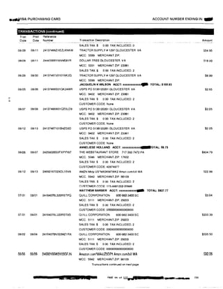.....,ISA PURCHASING CARD
.TRANSACTIONS (contlnuedJ
Tran Post Reference
Date Date Number
08/09 08111 24137466ZHEZLKNKW
08/09 08111 24445006YOOV9E8YR
08/28 08/30 24137467J01EYXK2G
08/05 08/06 24137466S01QK24WR
...
08/07 08108 24137466W01QE0LD9
08/12 08113 24137467101B4ZG3D
08106 08107 24258026S0FXPYY87
08112 08/13 2469216702XDL1BV8
07i31 08101 24164076L320RSTPQ
07i31 08i01 24164076L320RSTXS
08102 08104 24164076N322MZ1RX
08/08 08/09 246921S6W2XS1GFJN
Transaction Description
SALES TAX:$ 0.00 TAXINCLUDED: 0
TRACTOR SUPPLY# 1297 GLOUCESTER VA
MCC: 5599 MERCHANT ZIP:
DOLLAR TREE GLOUCESTER VA
MCC: 5331 MERCHANT ZIP: 23061
SALES TAX$ 0.00 TAXINCLUDED: 2
TRACTOR SUPPLY# 1297 GLOUCESTER VA
MCC: 5599 MERCHANT ZIP:
ACCOUNT NUMBER ENDING IN: ...
-- -~·---�· ----
Amount
S54.95
S1800
$8.99
JACQUELIN K WILSON ACCT: xxxxxxxxxxx- TOTAL: $100.93
USPS PO 5136120261 GLOUCESTER VA $2.65
MCC: 9402 MERCHANT ZIP: 23061
SALES TAX$ 0.00 TAXINCLUDED: 2
CUSTOMER CODE, None
USPS PO 5136120261 GLOUCESTER VA $2 05
MCC: 9402 MERCHANT ZIP: 23061
SALES TAX:$ 0.00 TAX INCLUDED: 2
CUSTOMER CODE: None
USPS PO 5136120261 GLOUCESTER VA $2.05
MCC: 9402 MERCHANT ZIP: 23061
SALES TAX$ 0.00 TAX INCLUDED: 2
CUSTOMER CODE: None
ANNELIESE HOLLAND ACCT: xxxxxxxxxxx OTAL: $6.75
THE WEBSTAURANT STORE 717-392-7472 PA $804.79
MCC: 5046 MERCHANT ZIP: 17602
SALES TAX$ 0 00 TAX INCLUDED: 2
CUSTOMER CODE: 42874877
AMZN Mktp US'MA3KM7WK2 Amzn com/bill WA G22.98
MCC. 5942 MERCHANT ZIP: 98109
SALES TAX:$ 0 00 TAX INCLUDED: 2
CUSTOMER CODE: 113-8881252•20988
MATTHEW BARBER ACCT: xxxxxxxxxxx.. TOTAL: $827.77
QUILL CORPORATION 800-982-3400 SC $3.64
MCC: 5111 MERCHANT ZIP: 29203
SALES TAX$ 0.00 TAX INCLUDED: 2
CUSTOMER CODE: 00000000000000000
QUILL CORPORATION 800-982-3400 SC $203.39
MCC: 5111 MERCHANT ZIP: 29203
SALES TAX:$ 0.00 TAX INCLUDED: 2
CUSTOMER CODE: 00000000000000000
QUILL CORPORATION 800-982-3400 SC $335.50
MCC: 5111 MERCHANT ZIP: 29203
SALES TAX:$ 0.00 TAXINCLUDED: 2
CUSTOMER CODE: 00000000000000000
Amazon com1MA4JZ0DP1 Amzn.com/bill WA S92.05
MCC: 5942 MERCHANT ZIP: 98109
Transactions continued on next page
az:s.aaa PAGE 44 of 113
.,
J £ 1 ................... Z3Q
 