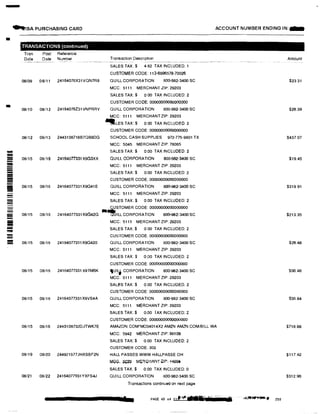 -
....ISA PURCHASING CARD
-
!!!!!!
------
------
---
-!!i!!II
--
TRANSACTIONS (continued)
Tran Post
Date Date
06/09 0 6/11
08110 08/12
08112 08/13
08/15 08/16
08/15 08/16
08/15 08/16
08115 08116
08/15 08/16
08/15 08/16
Reference
Number --·-·-·--- -· --
24164076X31VQN7R8
24164076231VNPRRY
Transaction DescnptIon
SALES TAX:$ 4.62 TAX INCLUDED: 1
CUSTOMER CODE: 113·6996578-70026
QUILL CORPORATION 800-982-3400 SC
MCC: 5111 MERCHANT ZIP: 29203
SALES TAX:$ 0 00 TAX INCLUDED: 2
CUSTOMER CODE: 00000000000000000
QUILL CORPORATION 800--982-3400 SC
MCC: 5111 MERCHANT ZIP: 29203
..LES TAX:$ 0 00 TAX INCLUDED: 2
CUSTOMER CODE: 00000000000000000
2443106718B7QB8DG SCHOOL CASH SUPPLIES 972-775-9801TX
MCC: 5045 MERCHANT ZIP: 76065
SALES TAX:$ 0.00 TAX INCLUDED: 2
24164077331X9G3XX QUILL CORPORATION 800-982-3400 SC
MCC: 5111 MERCHANT ZIP: 29203
SALES TAX:$ 0.00 TAX INCLUDED: 2
CUSTOMER CODE: 00000000000000000
24164077331X9G41E QUILL CORPORATION 800--982-3400 SC
MCC: 5111 MERCHANT ZIP: 29203
SALES TAX:$ 0.00 TAX INCLUDED: 2
CUSTOMER CODE: 00000000000000000
24164077331X9G42G -�ILL CORPORATION 800--982-3400SC
MCC: 5111 MERCHANT ZIP:29203
SALES TAX:$ 0 00 TAX INCLUDED: 2
CUSTOMER CODE: 00000000000000000
24164077331X9G420 QUILL CORPORATION 800-982-3400 SC
MCC: 5111 MERCHANT ZIP: 29203
SALES TAX:$ 0.00 TAX INCLUDED: 2
CUSTOMER CODE: 00000000000000000
24164077331X9TMBK �UI.� CORPORATION 800·982-3400 SC
MCC: 5111 MERCHANT ZIP 29203
SALES TAX:$ 0.00 TAX INCLUDED. 2
CUSTOMER CODE: 00OOOO0OOQQ0OOOO0
24164077331X9VS4A QUILL CORPORATION 800-982-3400 SC
MCC: 5111 MERCHANT ZIP: 29203
SALES TAX:$ 0.00 TAX INCLUDED: 2
CUSTOMER CODE; 00000000000000000
ACCOUNT NUMBER ENDING IN:-
-- ·----------
Amount
$23 31
$26.39
$437 07
$19.45
$319.91
$213.35
$26,48
$98.48
$35.84
08/15 08/16 2443106732D JTWK7E AMAZON.COM•MO34014X2 AMZN AMZN.COMiBILL WA $718,88
MOC: 5942 MERCHANT ZIP: 98109
SALES TAX:$ 0,00 TAX INCLUDED: 2
CUSTOMER CODE: 302
08/19 08/20 244921577JHXSBF2N HALL PASSES WWW.HALLPASSE OH $117.42
MOO,��® Ml;FICHANT �IP; 410Cit1
SALES TAX:$ 0.00 TAX INCLUDED: 0
08121 08122 24164077931YXFS4.J QUILL CORPORATION 800·982-3400 SC $312.96
Transactions continued on next page
PAGE 45 of nl�ld sr· '°"',;;'•• ... ,,,; C
.I ..,,,_.w�,. 230
 