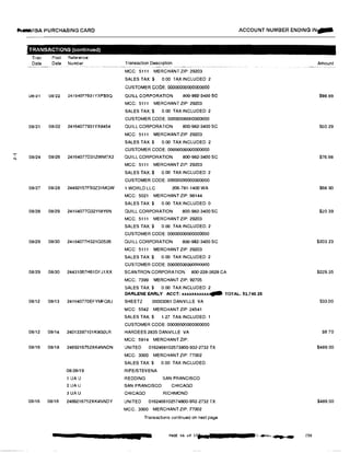 fll...,ISA PURCHASING CARD ACCOUNT NUMBER ENDING IN...
TRANSACTIONS (continued)
Tran Post Reference
Date Date Number Transaction Description Amount
-·�------- ---�· �-� -·-- - -----�--�- ------ _________,_____
MCC: 5111 MERCHANT ZIP: 29203
SALES TAX:$ 0.00 TAX INCLUDED 2
CUSTOMER CODE: 00000000000000000
08121 06122 24164077931YXFS5Q QUILL CORPORATION 800-982-3400 SC $96.99
MCC: 5111 MERCHANT ZIP: 29203
SALES TAX:$ 0.00 TAX INCLUDED: 2
CUSTOMER CODE: 00000000000000000
08/21 08/22 24164077931YX8454 QUILL CORPORATION 800-982-3400 SC $60.29
MCC: 5111 MERCHANT ZIP: 29203
SALES TAX:$ 0.00 TAX INCLUDED 2
CUSTOMER CODE: 00000000000000000
24164077D31ZWM7X2' 08/24 08/26 QUILL CORPORATION 800-982-3400 SC $76.98N
MCC: 5111 MERCHANT ZIP: 29203
SALES TAX:$ 0.00 TAX INCLUDED 2
CUSTOMER CODE: 00000000000000000
08/27 08/28 24492157FSOZ31MQW 1 WORLD LLC 206-781-1400 WA $68.90
MCC: 5021 MERCHANT ZIP: 98144
SALES TAX:$ 0.00 TAX INCLUDED: 0
08/28 08/29 24164077G32158Y6N QUILL CORPORATION 800-982-3400 SC $20.39
MCC: 5111 MERCHANT ZIP: 29203
SALES TAX:$ 0.00 TAX INCLUDED: 2
CUSTOMER CODE: 00000000000000000
08/29 08/30 241 64077H321G0526 QUILL CORPORATION 800-982-3400 SC $203.23
MCC: 5111 MERCHANT ZIP: 29203
SALES TAX:$ 0.00 TAX INCLUDED: 2
CUSTOMER CODE: 00000000000000000
08/29 08130 24431067H61DFJ1XX SCANTRON CORPORATION 800-228·3628 CA $229.35
MCC: 7399 MERCHANT ZIP: 92705
SALES TAX:$ 0.00 TAX INCLUDED: 2
DARLENE EARLY ACCT; xxxxuxxxxx4illllll TOTAL; $3,740.25
08/12 08/13 241640770EFYMFQ6J SHEETZ 00003061 DANVILLE VA $33 00
MCC: 5542 MERCHANT ZIP: 24541
SALES TAX:$ 1.27 TAX INCLUDED:
CUSTOMER CODE: 00000000000000000
08112 08/14 24013397101K9GOLR HARDEES 2835 DANVILLE VA $6 70
MCC: 5814 MERCHANT ZIP;
08/16 08/18 2469216752XK4NNDN UNITED 0162468102573800-932-2732 TX $489.00
MCC: 3000 MERCHANT ZIP: 77002
SALES TAX:$ 0.00 TAX INCLUDED:
08/28/19 RIFE/STEVENA
1 UA U REDDING SAN FRANCISCO
2 LIA U SAN FRANCISCO CHICAGO
3UAU CHICAGO RICHMOND
08/16 08/18 2469216752XK4NNDY UNITED 0162468102574800-932-2732 TX $489.00
MCC: 3000 MERCHANT ZIP: 77002
Transactions continued on next page
PAGE 46 of ll...,111 ,�...--.,,".... 230
 