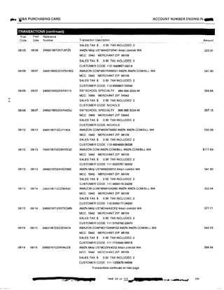 ...I
N
-•· YJSA PURCHASING CARD
TRANSACTIONS (continued)
Tran
Data
Post Rafaranca
Data Number
08105 08i06 24692166T2X7L8PZ8
08/06 08/07 24431066S2DYZ5HWQ
08/06 08/07 24692166S2XXRA115
08/06 08/07 24692166S2XXRA2GJ
08112 08113 2443106712DJY1454
08/12 08/13 7443106702D9VXSQ0
08/12 08/13 2469216702XHGT96E
08/13 08/14 2443106712DZ96X42
08/13 08/14 2469216712X57SQMN
08/14 08/15 2443106722DZEX474
08/14 08/15 2469216722XKA4JZE
a
. ACCOUNT NUMBER ENDING IN;...
Transaction Description
SALES TAX $ 0 00 TAX INCLUDED: 0
AMZN Mktp US*MA4GY2H41 Amzn.com/bill WA
MCC: 5942 MERCHANT ZIP: 98109
SALl::S TAX It 0.00 TAX INCLUDl::D: 2
CUSTOMER CODE: 112-1840667-04314
AMAZON.COM*MA1RW95S1 AMZN AMZN.COM/BlLL WA
MCC: 5942 MERCHANT ZIP: 98109
SALES TAX:$ 0.00 TAX INCLUDED: 2
CUSTOMER CODE: 112-9500807-53594
SSl'SCHOOL SPECIALTY 888-388-3224 WI
MCC: 5969 MERCHANT ZIP: 54942
SALES TAX:$ 0 00 TAX INCLUDED: 2
CUSTOMER CODE: NICHOLS
SSl*SCHOOL SPECIALTY 888-388-3224 WI
MCC: 5969 MERCHANT ZIP: 54942
SALES TAX:$ 0.00 TAX INCLUDED: 2
CUSTOMER CODE: NICHOLS
AMAZON.COM*MA3VT88B0 AMZN AMZN.COM/BILL WA
MCC: 5942 MERCHANT ZIP: 98109
SALES TAX:$ 0.00 TAX INCLUDED: 2
CUSTOMER CODE: 113-8604890-08338
AMAZON.COM AMZN.COM/BILL AMZN.COM/BILL WA
MCC: 5942 MERCHANT ZIP: 98109
SALES TAX:$ 0.00 TAX INCLUDED: 2
CUSTOMER CODE: 111-9325767-39282
AMZN Mktp US*MA6233810 Amzn.com/bill WA
MCC: 5942 MERCHANT ZIP: 98109
SALES TAX $ 0 00 TAX INCLUDED 2
CUSTOMER CODE. 111-4699116-24266
AMAZON.GOM*MA8P00QM0 AMZN AMZN.GOMiBJLL WA
MCC 5942 MERCHANT ZIP: 98109
SALES TAX:$ 0.00 TAX INCLUDED: 2
CUSTOMER CODE: 112-9399177-04290
AMZN Mktp US*MO44A3CK2 Amzn com/bill WA
MCC: 5942 MERCHANT ZIP: 98109
SALES TAX:$ 0.00 TAX INCLUDED: 2
CUSTOMER GODE: 111-5753792-23970
AMAZON.COM'MO1GW9FG2 AMZN AMZN.GOM/BILL WA
MCC: 5942 MERCHANT ZIP:98109
SALES TAX:$ 0 00 TAX INCLUDED: 2
CUSTOMER CODE: 111-7153946-96618
AMZN Mktp us·MO2VV4012 Amzn.com/bill WA
MCC: 5942 MERCHANT ZIP: 98109
SALES TAX:$ 0.00 TAX INCLUDED: 2
CUSTOMER CODE: 111-1200476-94698
Transactions continued on next page
PAGE 52 of 113_, Jill £ $ ·:r.... ,�
Amount
S23.91
S41.80
S58.68
$57.15
$30.09
$117.93-
S41 80
553.04
S77.71
S42 03
S56.94
230
 