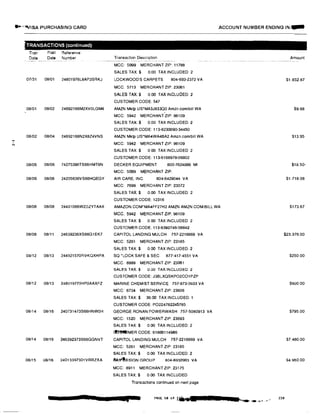 ....I
N
► •'�ISA PURCHASING CARD
TRANSACTIONS (continued)
Tran
Data
Post Reference
Date Number
07/31 08/01 24801976L8AP3SRKJ
08/01 08/02 24692166M2XV0LGM4
08/02 08/04 24692166N2X8Z4VNS
08/05 08/06 74275395TS66HMT6N
08/06 08/08 24205636VS66HQEGY
08/08 08/08 24431066W2DZYTAAX
08/08 08/11 24639236XS66G1EK7
08/12 08/13 244921570RVKQXHPA
08/12 08/13 248019770HP0AAXFZ
08114 08/16 240731473S66HNW0H
08/14 08/16 246392373S66GGNVT
08/15 08/16 24013397301VRRZXA
ACCOUNT NUMBER ENDING IN:-
Transaction Description
MCC: 5999 MERCHANT ZIP: 11788
SALES TAX:$ 0.00 TAX INCLUDED: 2
LOCKWOOD'S CARPETS 804-693-2372 VA
MCC: 5713 MERCHANT ZIP: 23061
SALES TAX:$ 0.00 TAX INCLUDED: 2
CUSTOMER CODE: 547
AMZN Mktp US'MA3J833O0 Amzn.com/bIII WA
MCC: 5942 MERCHANT ZIP: 98109
SALES TAX:$ 0.00 TAX INCLUDED: 2
CUSTOMER CODE: 113-8230090-34450
AMZN Mktp us·MA4WA4BA2 Amzn.com/bill WA
MCC: 5942 MERCHANT ZIP: 98109
SALES TAX:$ 0 00 TAX INCLUDED 2
CUSTOMER CODE: 113-6168978-06802
DECKER EQUIPMENT 800-7624899 Ml
MCC: 5099 MERCHANT ZIP:
AIR CARE, INC. 804-6429044 VA
MCC: 7699 MERCHANT ZIP: 23072
SALES TAX:$ 0.00 TAX INCLUDED: 2
CUSTOMER CODE: 12316
AMAZON.COM•MA4FF27H2 AMZN AMZN.COM/BILL WA
MCC: 5942 MERCHANT ZIP: 98109
SALES TAX:$ 0 00 TAX INCLUDED 2
CUSTOMER CODE. 113·6392746-56842
CAPITOL LANDING MULCH 757-2216669 VA
MCC: 5261 MERCHANT ZIP: 23185
SALES TAX:$ 0.00 TAX INCLUDED: 2
SQ 'LOCK SAFE & SEC 877-417-4551 VA
MCC: 8999 MERCHANT ZIP: 23061
SALES TAX:$ 0.00 TAX INCLUDED: 2
CUSTOMER CODE: J3BLXQSKPO2CO1PZP
MARINE CHEMIST SERVICE 757-873-0933 VA
MCC: 8734 MERCHANT ZIP: 23606
SALES TAX:$ 36.00 TAX INCLUDED: 1
CUSTOMER CODE: PO224782245785
GEORGE RONAN POWERWASH 757-5080913 VA
MCC: 1520 MERCHANT ZIP: 23693
SALES TAX:$ 0.00 TAX INCLUDED: 2
�MER CODE: 61866114986
CAPITOL LANDING MULCH 757-2216669 VA
MCC: 5261 MERCHANT ZIP: 23185
SALES TAX:$ 0.00 TAX INCLUDED: 2
�IV�ESIGN GROUP 804-6932993 VA
MCC: 8911 MERCHANT ZIP: 23175
SALES TAX:$ 0.00 TAX INCLUDED
Transactions continued on next page
PAGE 511 of 1. t £ j .J!i.&
Amount
$1,932.87
$9.68
$13.95
$18.50-
$1,718.08
$173.67
$23,376.00
$250.00
$900.00
$795.00
$7,480.00
$4,950 00
230
 