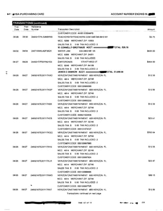 t-11•<.,-ISA PURCHASING CARD
TRANSACTIONS (continued)
Tran Post Reference
Date Date Number
06/29 06130 24492157HLSA6BRK6
08/02 08/04 24071056NJ82F3BZK
08/27 08128 24492157FS0YMJ1S3
...
08/26 08/27 24692167E2XY1TKAD
08/26 08/27 24692167E2XY1TKBP
08/26 08/27 24692167E2XY1TKB5
08/26 08/27 24692167E2XY1TKES
08/26 08127 24692167E2XY1TKGQ
08/26 08/27 24692167E2XY1TKH3
08126 08/27 24692167E2XY1TKLR
0S/26 08127 24692167E2XY1TKMG
,-.
08/26 08/27 24692167E2XY1TKNT
ACCOUNT NUMBER ENDING IN:-
Transaction Description
--- ------ -------
CUSTOMER CODE: AH0E1EBB48FB
TEACHERSPAYTEACHERS.COM 646-586-0910 NY
MCC: 6299 MERCHANT ZIP: 10003
SALES TAX:$ 0.00 TAX INCLUDED: 0
----- �-----·�-----
M.CONNELLY-GROTHAUS ACCT: xxxxxxxxxxxx-TOTAL: $26.75
WATER JAM 434-3863190 VA
MCC: 8398 MERCHANT ZIP: 24551
SALES TAX:$ 0.00 TAX INCLUDED
DARTDRONES 570-677-8552 UT
MCC: 8249 MERCHANT ZIP: 84109
SALES TAX;$ 0.00 TAX INCLUDED: 2
JAMES C DAWSON ACCT: xxxxxxxxxxxx._-OTAL: $1,069.00
VERIZON*ONETIMEPAYMENT 800-VERIZON FL
MCC: 4614 MERCHANT ZIP; 32746
SALES TAX:$ 0 00 TAX INCLUDED: 2
CUSTOMER CODE. 000130906069
VERIZON*QNETIMEPAYMENT BOO-VERIZON FL
MCC: 4814 MERCHANT ZIP:32746
SALES TAX$ 0.00 TAX INCLUDED: 2
CUSTOMER CODE: 000130893232
VERIZON'ONETIMEPAYMENT BOO-VERIZON FL
MCC: 4814 MERCHANT ZIP: 32746
SALES TAX:$ 0.00 TAX INCLUDED: 2
CUSTOMER CODE: 000621523508
VERIZON'ONETIMEPAYMENT BOO-VERIZON FL
MCC: 4814 MERCHANT ZIP: 32746
SALES TAX:$ 0.00 TAX INCLUDED: 2
CUSTOMER CODE: 000131074537
VERIZON•ONETIMEPAYMENT BOO-VERIZON Fl
MCC: 4814 MERCHANT ZIP: 32746
SALES TAX:$ 0.00 TAX INCLUDED: 2
CUSTOMER CODE: 000130887990
VERIZON*ONETIMEPAYMENT 800-VERIZON FL
MCC: 4814 MERCHANT ZIP: 32746
SALES TAX:$ 0 00 TAX INCLUDED: 2
CUSTOMER CODE: 000130887824
VERIZON•ONETIMEPAYMENT 800-VERIZON FL
MCC: 4814 MERCHANT ZIP: 32746
SALES TAX:$ 0.00 TAX INCLUDED: 2
CUSTOMER CODE: 000130888896
VERIZON'ONETIMEPAYMENT 800-VERIZON FL
MCC: 4814 MERCHANT ZIP: 32746
SALES TAX.$ 0.00 TAX INCLUDED 2
CUSTOMER CODE: 00013088n2B
VERIZON'ONETIMEPAYMENT BOO-VERIZON FL
Transactions continued on next page
PAGE 6Z of ll�"'''"t�l" ··.+·..., ;"1f
Amount
S6.75
$605.00
$464.00
$13.56
$13.56
$13.56
$23.67
$765 64
$13.56
$23.87
$89.15
$13.56
230
 