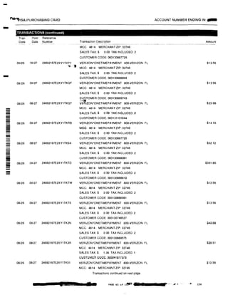 -
-
-
------
--
--iii
!!!!
-!!!!--
"'--"l1SA PURCHASING CARD
TRANSACTIONS (continued)
Tran
Date
Post Reference
Date Number Transaction Description
MGG 4814 MERCHANT ZIP: 32746
SALES TAX:$ 0.00 TAX INCLUDED: 2
CUSTOMER CODE: 000130887726
08/26 08127 24692167E2XY1TKP1 VERIZON'ONETIMEPAYMENT 800-VEAlZON FL
,,,,_ ·:t
08/26 08/27 24692167E2XY1TKQF
08/26 08127 24692167E2XY1TKQ7
08/26 08/27 24692167E2XY1TKRB
08/26 08/27 24692167E2XY1TKS4
08126 08i27 24692167E2XY1TKTD
08/26 08/27 24692167E2XY1TKTW
08/26 08127 24692167E2XY1TKT5
08/26 08127 24692167E2XY1TK2N
08/26 08127 24692167E2XY1TK3R
08/26 08127 24692167E2XY1TK51
MCC: 4814 MERCHANT ZIP: 32746
SALES TAX $ 0 00 TAX INCLUDED 2
CUSTOMER GODE: 000130888894
VERIZON'ONETIMEPAYMENT BOO-VERIZON FL
MCC: 4814 MERCHANT ZIP: 32746
SALES TAX:$ 0.00 TAX INCLUDED: 2
CUSTOMER CODE: 000130889743
v�!IZON'ONETIMEPAYMENT 800-VERIZON FL
MCC: 4814 MERCHANT ZIP: 32746
SALES TAX: $ 0 00 TAX INCLUDED: 2
CUSTOMER CODE: 000131101844
VERIZON*ONETIMEPAYMENT 800-VERIZON FL
MCC: 4814 MERCHANT ZIP: 32746
SALES TAX: $ 0 00 TAX INCLUDED: 2
CUSTOMER CODE: 000130887720
VERIZON'ONETIMEPAYMENT 800-VERIZON FL
MCC: 4814 MERCHANT ZIP: 32746
SALES TAX:$ 0.00 TAX INCLUDED 2
CUSTOMER GODE: 000130888081
VERIZON'ONETIMEPAYMENT 80Q.-VERIZON FL
MCC: 4814 MERCHANT ZIP 32746
SALES TAX:$ 0 00 TAX INCLUDED: 2
CUSTOMER CODE: 000130888812
VERIZON'ONETIMEPAYMENT BOO-VERIZON FL
MCC: 4814 MERCHANT ZIP: 32746
SALES TAX: $ 0 00 TAX INCLUDED:2
CUSTOMER CODE 000130888681
VERIZON'ONETIMEPAYMENT 800-VERIZON FL
MCC: 4814 MERCHANT ZIP: 32746
SALES TAX:$ 0 00 TAX INCLUDED: 2
CUSTOMER CODE: 000130749527
VERIZON'ONETIMEPAYMENT BOO-VERIZON FL
MCC: 4814 MERCHANT ZIP: 32746
SALES TAX:$ 0 00 TAX INCLUDED:2
CUSTOMER CODE: 000130889575
VERIZON'ONETIMEPAYMENT BOO-VERIZON FL
MCC: 4814 MERCHANT ZIP: 32746
SALES TAX:$ 1.36 TAX INCLUDED: 1
OUGTOML;R COO!;; WOeil677375
VERIZON'ONETIMEPAYMENT BOO-VERIZON FL
MCC: 4814 MERCHANT ZIP:32746
Transactions continued on next page
I IJJ TI ;· CE PAGE &3 of l� lf1 J'.
ACCOUNT NUMBER ENDING IN: ...
Amount
$13.56
$13 56
$23.98
$13.10
$32.12
$361.80
$13.56
$13 56
$40.66
$28.51
$13.56
230
 