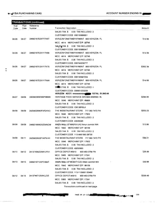 ,.'
N
��.•VISA PURCHASING CARD
TRANSACTIONS (continued)
Tran
Date
Post Ralerence
Date Number
08/26 08/27 24692167E2XYITK6T
08126 08i27 24692167E2XY1TK69
08126 08127 24692167E2XY1TK7S
08/26 08127 24692167E2XY1TK8A
08107 08109 24639236WS66FM8MX
08/08 08/09 24258026WOFXR2KVD
08/08 08109 24692166W2XZE8NGM
08109 08111 24258026XOFY4PNHH
08/10 08112 24137466Z2XM1DFV1
08/13 08/13 2469216712XPD394T
08/12 08/14 2413746712XAKLZJS
•
ACCOUNT NUMBER ENDING IN:
Transaction Description
---
SALES TAX $ 0.00 TAX INCLUDED: 2
CUSTOMER CODE 000130889351
VERIZON'ONETIMEPAYMENT BOO-VERIZON FL
MCC. 4814 MERCHANT ZIP: 32748
SAl,,!::ffTAX $ 0.00 TAX INCLUDED: 2
CUSTOMER CODE:000130889347
VERIZON'ONETIMEPAYMENT BOO.VERIZON FL
MCC: 4814 MERCHANT ZIP: 32746
SALES TAX:$ 0.00 TAX INCLUDED: 2
CUSTOMER CODE:000743209777
VERIZON*ONETIMEPAYMENT BOO-VERIZON FL
MCC 4814 MERCHANT ZIP: 32746
SALES TAX $ 0.00 TAX INCLUDED: 2
CUSTOMER CODE 000130947204
VERIZON*ONETIMEPAYMENT BOO-VERIZON FL
MCC: 4814 MERCHANT ZIP: 32746
sl&s TAX:$ 0.68 TAX INCLUDED: 1
CUSTOMER CODE:000651203209
VERIZON ACCT: llllXXXXXXXXxtl9 TOTAL: $1,942.44
HERITAGE FOOD SERVICE GROB00-4585593 IN
MCC: 5046 MERCHANT ZIP: 46808
SALES TAX:$ 0.00 TAX INCLUDED: 2
CUSTOMER CODE: ID87JBR6Ln
THE WEBSTAURANT STORE 717·392-7472 PA
MCC: 5046 MERCHANT ZIP: 17602
SALES TAX:$ 0.00 TAX INCLUDED: 2
CUSTOMER CODE 43026245
AMZN Mktp US'MA0F81UK2 Amzn.comibill WA
MCC: 5942 MERCHANT ZIP: 98109
SALES TAX $ 0 00 TAX INCLUDED: 2
CUSTOMER CODE: 113-8491392-28730
THE WEBSTAURANT STORE 717-392-7472 PA
MCC: 5046 MERCHANT ZIP: 17602
SALES TAX:$ 0.00 TAX INCLUDED: 2
CUSTOMER CODE: 43050993
OFFICE DEPOT #5910 800·463-3768 PA
MCC: 5965 MERCHANT ZIP: 17241
SALES TAX:$ 0.00 TAX INCLUDED: 2
AMZN Mktp US*MO9AT1CZ2 Amzn.comlbill WA
MCC: 5942 MERCHANT ZIP: 98109
SALES TAX:$ 0.00 TAX INCLUDED: 2
CUSTOMER CODE: 113-1128861-50490
OFFICE DEPOT #5910 800-463-3768 PA
MCC: 5965 MERCHANT ZIP: 17241
SALES TAX:$ 0.00 TAX INCLUDED: 2
Transactionscontinued on next page
PAGE 64 of 113 .bll.J L
Amount
$13.56
$13.56
$362.34
S14.66
$298.65
$253.23
513.96
S98.21
$26.89
S30.98
$336.49
230
 