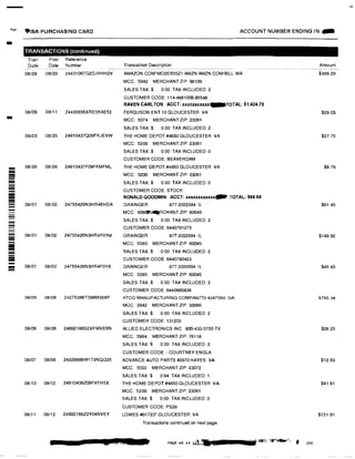 ""'� ':f!SA PURCHASING CARD
-
-
-----
-
--iii
!!!!!!
----
TRANSACTIONS (continued)
Tran
Date
Post Reference
Date Number
08/28 08/29 24431067G2DJRHH2V
08/09 08/11 24435656XRE5KAE52
08/23 08/25 24610437Q09FKJEVW
08126 08/28 24610437F09FKMFML
08/01 08/02 24755426N3HR4EHDA
08/01 08/02 24755426N3HR4F0YM
08101 08/02 24755426N3HR4F0YX
08/05 08/06 24275396TS66M35BP
08/06 08106 24692166S2XFMVEBN
08/07 08/08 24326886W173NQQ35
08/10 08/12 24610436Z09FVFH5X
08/11 08/12 24692166Z2Y04NVEY
a C
ACCOUNT NUMBER ENDING IN: ..
Transaction Description
AMAZON.COM'MO2EB55Z1 AMZN AMZN.COM/BILL WA
MCC: 5942 MERCHANT ZIP 98109
SALES TAX:$ 0.00 TAX INCLUDED: 2
CUSTOMER CODE: 114-4881008-95546
RAVEN CARLTON ACCT: xxxxuxuu,_TOTAL: $1,424.70
FERGUSON ENT 10 GLOUCESTER VA
MCC: 5074 MERCHANT ZIP: 23061
SALES TAX:$ 0.00 TAX INCLUDED: 2
THE HOME DEPOT #4650 GLOUCESTER VA
MCC: 5200 MERCHANT ZIP: 23061
SALES TAX:$ 0.00 TAX INCLUDED: o
CUSTOMER CODE: BEAVERDAM
THE HOME DEPOT #4650 GLOUCESTER VA
MCC: 5200 MERCHANT ZIP: 23061
SALES TAX:$ 0.00 TAX INCLUDED:0
CUSTOMER CODE: STOCK
RONALD GOODWIN ACCT: xxxxxxx.u.xxx.., TOTAL: $88.58
GRAINGER 877-2022594 IL
MCC: 508!JP.,-AljRCHANT ZIP: 60045
SALES TAX:$ 0.00 TAX INCLUDED: 2
CUSTOMER CODE:6440791275
GRAINGER 877-2022594 IL
MCG: 5085 MERCHANTZIP: 60045
SALES TAX:$ 0 00 TAX INCLUDED:2
CUSTOMER CODE: 6440780423
GRAINGER 877-2022594 IL
MCC: 5085 MERCHANT ZIP:60045
SALES TAX:$ 0 00 TAX INCLUDED: 2
CUSTOMER CODE: 6440695836
ATCO MANUFACTURING COMPAN770-4247550 GA
MCC: 2842 MERCHANT ZIP 30060
SALES TAX:$ 0.00 TAX INCLUDED: 2
CUSTOMER CODE: 131203
ALLIED ELECTRONICS INC 800-433-5700 TX
MCG: 5964 MERCHANT ZIP:76118
SALES TAX:$ 0 00 TAX INCLUDED: 2
CUSTOMER CODE:- COURTNEY ENGLA
ADVANCE AUTO PARTS #2870 HAYES VA
MCC: 5533 MERCHANT ZIP: 23072
SALES TAX:$ 0.64 TAX INCLUDED:1
THE HOME DEPOT #4650 GLOUCESTER VA
MCC: 5200 MERCHANT ZIP: 23061
SALES TAX:$ 0 00 TAX INCLUDED: o
CUSTOMER CODE:PS28
LOWES #01723• GLOUCESTER VA
Transactions continued on next page
PAGE 65 of u'r11,I
Amount
$366.29
$29 05
$27 75
$9.76
$61.45
$149.92
$45.45
$765.34
$28.25
$12.63
$41.61
$151.91
 