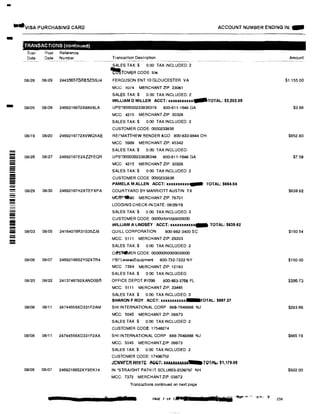 -
...VISA PURCHASING CARO
- .TRANSACTIONS (continued)
Tran Post Reference
Date Date Number
08128 08129 24435657GRE5ZGSJ4
08/05 08106 24692166T2X88V8LA
08119 08/20 2469216772XVWQ5AE
-- 08/26 08/27 24692167E2XZZFEQR-------
-- 08/29 08130 24692167H2XTEFXPA
�-
---
08/03 08/05 24164076R31S35ZJ8
08/06 08/07 24692166S2Y02XTR4
08/20 08/22 2413746792XANDOBR
08/08 08111 24744556XD331F2AM
08/08 08/11 24744556XD331F2AX
08/06 08107 24692166S2XY9EK14
ACCOUNT NUMBER ENDING IN: -
Transaction Description
------ ·-•---·--·---�- ----
SALES TAX $ 0.00 TAX INCLUDED: 2
-TOMER CODE: tcw
FERGUSON ENT 10GLOUCESTER VA
MGC: 5074 MERCHANT ZIP: 23061
SALES TAX:$ 0.00 TAX INCLUDED: 2
WILLIAMD MILLER ACCT: xxxu:u:xxxx4IIIITOTAL: $2,202.09
UPS'000000233836319 800-811-1648 GA
MCC: 4215 MERCHANT ZIP: 30328
SALES TAX:$ 0.00 TAX INCLUDED: 2
CUSTOMER CODE: 0000233836
REl*MATTHEW BENDER &CO 800·833-9844 OH
MCC: 5969 MERCHANT ZIP: 45342
SALES TAX:$ 0.00 TAXINCLUDED:
UPS'Cl00000233838349 800-81H648 GA
MCC: 4215 MERCHANT ZIP: 30328
SALES TAX:$ 0 00 TAX INCLUDED: 2
CUSTOMER CODE: 0000233836
PAMELA M ALLEN ACCT: xxxxxuxxx� TOTAL: $664.04
COURTYARD BY MARRIOTT AUSTIN TX
Mt�-90 MERCHANT ZlP: 78701
LODGING CHECK-IN DATE: 08/29/19
SALES TAX:$ 0.00 TAX INCLUDED: 2
CUSTOMER GODE: 00000000000000000
WILLIAM A LINDSEY ACCT; xxxxxxuxxx- TOTAL: $639.62
QUILL CORPORATION 800-982-3400 SC
MCC: 5111 MERCHANT ZIP: 29203
SALES TAX:$ 0.00 TAX INCLUDED 2
C�SlWMER GODE: 00000000000000000
PBl'LeasedEquipment 800-732-7222 NY
MCC 7394 MERCHANT ZIP: 12180
SALES TAX:$ 0.00 TAX INCLUDED:
OFFICE DEPOT #1099 800-463-3768 FL
MCC: 5111 MERCHANT ZIP: 33445
SALES TAX:$ 0.00 TAX INCLUDED: 0
SHARON F ROY ACCT: xxxxxxxxxxx-TOTAL: $897.27
SHI INTERNATIONAL CORP 888-7648888 NJ
MCC: 5045 MERCHANT ZIP: 08873
SALES TAX $ 0.00 TAXINCLUDED: 2
CUSTOMER CODE: 17548274
SHI INTERNATIONAL CORP 888-7648888 NJ
MCC: 5045 MERCHANT ZIP: 08873
SALES TAX:$ 0.00 TAX INCLUDED: 2
CUSTOMER CODE: 17498752
JENNIFER Wt11TC AvvTi lllllllllllllllllll-TOTAI.; '111nJ,Of
IN ·STRAIGHT PATH IT SOLU603-2039797 NH
MCC: 7372 MERCHANT ZIP: 03872
Transactions continued on next page
PAGE 7 of ullt •• 1111·1 ,,·a·,�...,. ·Jt.·"',: .,,
Amount
$1,155 00
$3.66
$652.80
$7.58
$639.62
$150.54
$150.00
$396.73
$293.Bf:i
$885.19
$922.00
Z3D
 