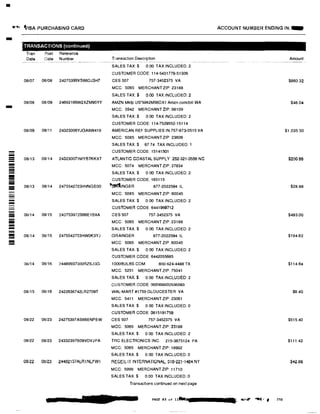 •
••� IISA PURCHASING CARD
- TRANSACTIONS (continued)
T ran Post Reference
Date Date Number
08/07 06/08 24275396VS66DJ3H7
08/08 08109 24692166W2XZM95YY
08/09 08/11 24323006YJGA8W419
--- 08i13 08114 243230071MYBTKKXT-------=- 08/13 08114 2475542723HVNGEOO=
--
- 08114 08115 242753972S66E1BXA-iiii
- 08/14- 08115 2475542733HWOK3YJ
08114 08116 24489937300RZSJ3G
08115 08/16 2422638742LR2709T
08/22 08/23 24275397AS66ENPEW
08/22 08/23 24332397B09VDVJPA
06/22 06/23 244521!:>7ALR1NLFWl
Transaction Description
SALES TAX$
--� ·•"-------------
0 00 TAXINCLUDED: 2
CUSTOMER CODE: 114·5431779-51306
CES 507 757-3452375 VA
MCC: 5065 MERCHANT ZIP: 23188
SALES TAX:$ 0.00 TAX INCLUDED: 2
AMZN Mktp US'MA2M56DX1 Amzn.comiblll WA
MCC; 5942 MERCHANT ZIP: 98109
SALES TAX:$ 0.00 TAX INCLUDED: 2
CUSTOMER CODE: 114-7529552-15114
AMERICAN REF SUPPLIES IN 757·873-0515 VA
MCC: 5085 MERCHANT ZIP: 23606
SALES TAX:$ 67.74 TAX INCLUDED: 1
CUSTOMER CODE: 15141501
ATLANTIC COASTAL SUPPLY 252-321-0556 NC
MCC: 5074 MERCHANT ZIP: 27834
SALES TAX,$ 0.00 TAX INCLUDED: 2
CUSTOMER CODE:165115
�INGER 877-2022594 IL
MCC: 5085 MERCHANT ZIP: 60045
SALES TAX $ 0 00 TAX INCLUDED: 2
CUSTOMER CODE: 6441969712
GES 507 757-3452375 VA
MCC: 5065 MERCHANT ZIP: 23188
SALES TAX:$ 0.00 TAX INCLUDED: 2
GRAINGER 877-2022594 IL
MCC: 5085 MERCHANT ZIP: 60045
SALES TAX:$ 0.00 TAX INCLUDED: 2
CUSTOMER CODE. 6442055685
1OOOElULElS.COM 800-624-4488 TX
MCC: 5251 MERCHANT ZIP. 75041
SALES TAX:$ 0.00 TAX INCLUDED: 2
CUSTOMER CODE: 000000002536583
WAL·MART #1759 GLOUCESTER VA
MCC: 5411 MERCHANT ZIP: 23061
SALES TAX:$ 0.00 TAX INCLUDED: 0
CUSTOMER CODE: 0815191759
GES 507 757-3452375 VA
MOC: 5065 MERCHANT ZIP: 23188
SALES TAX:$ 0 00 TAX INCLUDED: 2
TAG ELECTRONICS INC. 215·3675124 PA
MCC: 5065 MERCHANT ZIP: 18902
SALES TAX:$ 0.00 TAX INCLUDED: 0
REGE!L IT INTERNATIONAL, ;}16·221·14"4 NY
MCC: 5999 MERCHANT ZIP: 11710
SALES TAX:$ 0.00 TAX INCLUDED: 0
Transactions continued on next page
PAGE 83 of 11tlillrii
ACCOUNT NUMBER ENDING 1N: -
::a· .._,.I .......
Amount
- - - ----·--·--- ....
$660,32
$48.04
$1,035.50
$200.66
$28.88
$493 0()
$194.62
$114.64
$6.40
$515.40
$111.42
,42,ee
230
 
