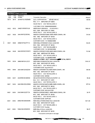 ..'
N
•, t)/ISA PURCHASING CARD ACCOUNT NUMBER ENDING IN:-
'TRANSACTIONS (continued)
Tran
Date
Post Reference
Date Number Transaction Description
-- ------- ----�- --- ---- - ---- - -------- -- -
08114 08115 24164077231WZBA6M
08/23 08/25 24492157BS0S7EL65
08/27 08128 24431067F2DZ9TARL
08/27 08/28 24692167F2XJFFF16
08/28 08129 24431067G2DYYDZFY
08/03 08104 24692166P2XVL27D7
08/05 08/06 24431066T2DKOQD6Y
08106 08/07 24445006VBLN60NK2
08107 08/08 24431066V2DKJDBWA
08/07 08/08 24431066V2DZEY724
08107 08/08 24692166V2X8KAXW9
08/07 08/08 74692166V2XG005Q5
QUILL CORPORATION 800-982-3400 SC
MCC: 5111 MERCHANT ZIP: 29203
SALES TAX $ 0 00 TAX INCLUDED: 2
CUSTOMER CODE: 00000000000000000
AMERICAN PLANNING A 312-431-9100 IL
MCC: 8398 MERCHANT ZIP: 60601
SALES TAX.$ 0.00 TAX INCLUDED: 2
AMAZON COM'MO6TQ4M41 AMZN AMZN.COMIBILL WA
MCC: 5942 MERCHANT ZIP: 98109
SALES TAX:$ 0.00 TAX INCLUDED: 2
CUSTOMER CODE: 114-7823842-64690
AMZN Mktp US'MO9416ZI0 Amzn.com/bill WA
MCC: 5942 MERCHANT ZIP: 98109
SALES TAX:$ 0.00 TAX INCLUDED: 2
CUSTOMER CODE: 114-1867394-65266
AMAZON.COM'MO0T37BZ2 AMZN AMZN.COM/BILL WA
MCC: 5942 MERCHANT ZIP: 98109
SALES TAX:$ 0 00 TAX INCLUDED; 2
CUSTOMER CODE: 114-7823842-64690
LAURA E LUTINSKI ACCT: uxxxxxxxxx� TOTAL: $579.71
AMZN Mktp US'MA3ACOT40 Amzn.com/bill WA
MCC: 5942 MERCHANT ZIP: 98109
SALES TAX:$ 0.00 TAX INCLUDED: 2
CUSTOMER CODE: Aug-2019 DVD
AMAZON.COM'MA9FO1612 AMZN AMZN.COM/BILL WA
MCC: 5942 MERCHANT ZIP: 98109
SALES TAX;$ 0 00 TAX INCLUDED: 2
CUSTOMER CODE: MARGE
WM SUPERCENTER #1759 GLOUCESTER VA
MCC: 5411 MERCHANT ZIP: 23061
SALES TAX:$ 0.00 TAX INCLUDED 0
AMAZON.COM*MA7434P50 AMZN AMZN.COMIBILL WA
MCC: 5942 MERCHANT ZIP: 98109
SALES TAX.$ 0 00 TAX INCLUDED: 2
CUSTOMER CODE: AUG-2019 DVD
AMAZON.COM'MA7O98QC1 AMZN AMZN.COM/BILL WA
MCC; 5942 MERCHANT ZIP; 98109
SALES TAX:$ 0.00 TAX INCLUDED: 2
CUSTOMER CODE; SUPPLIES
AMZN Mktp US'MA6DZ0G20 Amzn.comlbill WA
MCC: 5942 MERCHANT ZIP: 98109
SALES TAX:$ 0.00 TAX INCLUDED: 2
CUSTOMER CODE: Supplies
AMZN Mktp US Amzn.com/bill WA
MCC: 5942 MERCHANT ZIP: 98109
Transactions continuedon next page
PAGE!!!! of 1'3__ , [
Amount
:,28 49
$45600
516.58
S33.45
S12.82
$191.87
S26.49
$4.48
$77.50
$4.79
$211.26
$6.37-
 