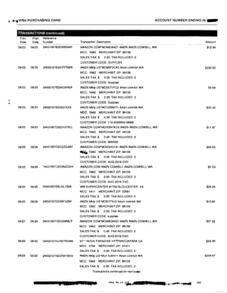 t ""ttVISA PURCHASING CARD
...'
N
TRANSACTIONS (continued}
Tran
Date
Post Referenca
Date Number
08i23 08i25 24431067B2EOOBN9R
08123 08125 24692167B2XYYT8BR
08123 08/25 2469216782X4D6R9A
08123 08125 2469216782X8315X9
08125 08/25 24431067D2E0107RG
08/25 08/26 24431067D2DZZQABF
08/25 08126 74431067D2D9NZGSH
08/25 08126 24445007EBLNL189K
08125 08126 24692167D2XBF3ZBF
08127 08128 24431067f2E03WMJY
08129 08/30 "24492157HJHEPR3WK
06/29 06130 i;46821G7H2XTMY6NK
l Jli 1
ACCOUNT NUMBER ENDING IN:....
Transaction Description
AMAZON.COM'M088C8AZ1 AMZN AMZN COM/BILL WA
MCC: 5942 MERCHANT ZIP: 98109
SALES TAK$ 0.00 TAX INCLUDED 2
CUSTOMER CODE: SUPPLIES
AMZN Mktp US"M09BP2CKO Amzn.comlbill WA
MCC: 5942 MERCHANT ZIP: 98109
SALES TAX:$ 0.00 TAX INCLUDED: 2
CUSTOMER CODE: Supplies
AMZN Mktp US'M02ST1PC2 Amzn.com/bil! WA
MCC: 5942 MERCHANT ZIP: 98109
SALES TAX:$ 0.00 TAX INCLUDED 2
CUSTOMER CODE: Supplies
AMZN Mktp US"M01ZM90T1 Amzn.com/bill WA
MCC: 5942 MERCHANT ZIP: 98109
SALES TAX:$ 0 00 TAX INCLUDED 2
CUSTOMER CODE: 114-4028958-38986
AMAZON.COM'MOOGN7XD2 AMZN AMZN.COM/BILL WA
MCC: 5942 MERCHANT ZIP: 98109
SALES TAX:$ 0.00 TAX INCLUDED. 2
CUSTOMER CODE MARGE
AMAZON.COM*M02GH3131 AMZN AMZN.COMIBILL WA
..... 5942 MERCHANT ZIP: 98109
SALES TAX:$ 0.00 TAX INCLUDED 2
CUSTOMER CODE:AUG-2019 DVD
AMAZON.COM AMZN COM/BILL AMZN.COMIBILL WA
MCC: 5942 MERCHANT ZIP: 98109
SALES TAX:$ 0.00 TAX INCLUDED 2
CUSTOMER CODE: AUG-2019 DVD
WM SUPERCENTER #1759 GLOUCESTER VA
MCC: 5411 MERCHANT ZIP: 23061
SALES TAX$ 0.00 TAX INCLUDED: 0
AMZN Mktp US'M06177VJ2 Amzn com/bill WA
MCC: 5942 MERCHANT ZIP: 98109
SALES TAX:$ 0.00 TAX INCLUDED 2
CUSTOMER CODE: supplies
AMAZON.COM*M08MQ6V21 AMZN AMZN.COM/BILL WA
MCC: 5942 MERCHANT ZIP: 98109
SALES TAX:$ 0.00 TAX INCLUDED: 2
CUSTOMER CODE; AUG-2019 DVD
SP' ROCK PARADISE HTTPSROCKPARA CA
MCC: 5734 MERCHANT ZIP: 91311
SALES TAX:$ 0.00 TAX INCLUDED: 0
AMZN Mktp U5'M011U9H11 Amz:n.com1bill WA
MCC: 5942 MERCHANT ZIP: 98109
SALES TAX:$ 0.00 TAX INCLUDED: 2
Transactions continued on next page
ii1 J r PAGE 90 of lj.i
J lJfaj I[ 230
Amount
$12,99
$220.00
$6.69
$35.32
$11.97
$89.83
$5 03-
$28.28
$10.95
$37.92
$29.90
$229.97
 