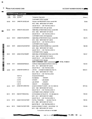 -
• '•�ISA PURCHASING CARD ACCOUNT NUMBER ENDING IN:-
- TRANSACTIONS (continued)'.
------
--
-
-----
Tran
Date
Post Reference
Date Number
08/30 08131 24692167J2XQE3J8X
08/30 08131 24692167J2XQ1JE25
08/31 08131 24692167K2XNAPQE1
08/31 08131 24692167K2XRXGYNR
08/31 08/31 24692167K2XT63EBT
08109 08/11 24445006X8PW2B3ZL
08/09 08/11 24692166Y2XBNK1L9
10107119
1 UA N
2 UA N
3 UA N
4AU N
08/1O 08111 24492156YLR8BH1NX
08/13 08/14 2480197715SAXXH2L
08114 08/15 244921572S1DQFGMT
08/14 08/15 744921572LRGRY3QS
Transaction Description
CUSTOMER CODE:Supplies
Amazon.com'MO4G40DF2 Amzn.comibill WA
MCC: 5942 MERCHANT ZIP: 98109
SALES TAX: S 0.00 TAX INCLUDED 2
CUSTOMER CODE: DVD· per Diane
AMZN Mktp US'MO61K2EC0 Amzn.com/bill WA
MCC: 5942 MERCHANT ZIP: 98109
SALES TAX:$ 0.00 TAXINCLUDED: 2
CUSTOMER CODE: DVD-September
AMZN Mktp US'MO7ZO4010 Amzn com/bill WA
MCC: 5942 MERCHANT ZIP: 98109
SALES TAX $ 0 00 TAX INCLUDED: 2
CUSTOMER CODE: Supplies
AMZN Mktp US'MO5CR90W0 Amzn.com/blll WA
MCC: 5942 MERCHANT ZIP 98109
SALES TAX:$ 0.00 TAX INCLUDED: 2
CUSTOMER CODE: Supplies
AMZN Mktp US'MO9GDOOA0 Amzn com/bill WA
MCC: 5942 MERCHANT ZIP 98109
SALES TAX:$ 0.00 TAX INCLUDED: 2
CUSTOMER CODE: Michelle
MARY O BOERNER ACCT: xxxxxxxxxxx- TOTAL: $1,666.21
EXPEDIA 7462341884410 EXPEDIA.COM NV
MCC: 7011 MERCHANT ZIP: 89144
SALES TAX:$ 0.00 TAX INCLUDED:
UNITED 0167388737319800-932-2732 TX
MCC 3000 MERCHANT ZIP 77002
SALES TAX:$ 0.00 TAX INCLUDED:
SCALES/STEPHANIE
RICHMOND DENVER
DENVER LAS VEGAS
LAS VEGAS
DENVER
DENVER
RICHMOND
EB 2019 CONNECT CONFE 801·413-7200 CA
MCC: 7399 MERCHANT ZIP:94103
SALES TAX:$ 0 00 TAX INCLUDED 0
CUSTOMER CODE: 476278237-1010780
DR ROXANNE DIETZLER PC 757-599-3623 VA
MCC: 8011 MERCHANT ZIP: 23606
SALES TAX:$ 0.00 TAX INCLUDED 2
PAYPAL *PENSHRM 402-935-7733 CA
MCC: 8699 MERCHANT ZIP: 95131
:SALE5 TAX iii O 00 TAX INGLUDED: 0
EB2019CONNECT CONFE 8014137200 CA
MCC: 7399 MERCHANT ZIP: 94103
Transactions continued on next page
PAGE 91 Of 11�- l " $Jt
Amount
$6.99
$55 4()
$54.75
$28.99
$50.97
$32.00
$450.01
$575.00
$50.00
$25.00
$76.00-
230
 