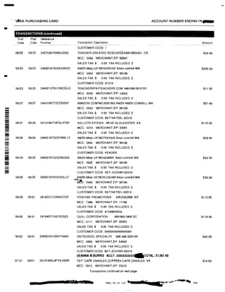 -
-
-
-----
--iii
!!!!!!!!!
--
'�A PURCHASING CARD ACCOUNT NUMBER ENDING IN
TRANSACTIONS (continued}
Tran Post Reference
Date Date Number
08/22 08/23 24275397AS66L03XE
08/22 08/23 24692167A2XBZBN2S
08/23 08/25 24492157BLR3XDOLG
08/27 08/27 24431067F2DZ55SVF
08/27 08/28 24137467F8PXLHTBP
08/28 08/29 24692167G2XYW6L1Y
08/28 08/29 24692167G2XZMJ22S
Transaction Description
CUSTOMER CODE: 1
TEACHER CREATED RESOURCES800-6624321 CA
MCC: 5943 MERCHANT ZIP: 92841
SALES TAX:$ 0.00 TAX INCLUDED:2
AMZN Mktp US'MO0UH0162 Amzn.com/bill WA
MCC: 5942 MERCHANT ZIP: 98109
SALES TAX:$ 0.00 TAX INCLUDED: 2
CUSTOMER CODE: 81519
TEACHERSPAYTEACHERS.COM 646-588-0910 NY
MCC: 8299 MERCHANT ZIP:10003
SALES TAX:$ 0 00 TAX INCLUDED:o
AMAZON.COM*MO3SB1562 AMZN AMZN.COM/BILL WA
MCC: 5942 MERCHANT ZIP: 98109
SALES TAX:$ 0 00 TAX INCLUDED: 2
CUSTOMER CODE: BET-NATSEL-82319
BIG LOTS STORES · #5187 GLOUCESTER VA
MCC: 5310 MERCHANT ZIP: 23061
SALES TAX:$ 0.00 TAX INCLUDED: 0
AMZN Mktp US"MO7KE03J0 Amzn.com/bill WA
MCC: 5942 MERCHANT ZIP: 98109
SALES TAX $ 0 00 TAX INCLUDED: 2
CUSTOMER CODE: KEAGRE
AMZN Mktp US"MO4216M91 Amzn.com/bill WA
MCC: 5942 MERCHANT ZIP: 98109
SALES TAX:$ 0.00 TAX INCLUDED:2
CUSTOMER CODE BET·JODHAR-82319
08/29 08/29 24692167H2XHD5JJ7 AMZN Mktp US'MO6LO8JM0 Amzn.com/bill WA
�!c: 5942 MERCHANT ZIP: 98109
08/29 08/31 24142017JS66HSS5P
08/30 08/31 24164077J321SQ5Z3
08/30 08/31 24692167J2XHF58AE
07/31 08/01 24137466L8PYVJW3R
SALES TAX:$ 0.00 TAX INCLUDED: 2
CUSTOMER CODE: BET·NATSEL-82319
POSITIVE PROMOTIONS 800-6352666 NY
MCC: 7399 MERCHANT ZIP: 11788
SALES TAX:$ 0 00 TAX INCLUDED:2
CUSTOMER CODE 41549959504
QUILL CORPORATION 800-982-3400 SC
MCC: 5111 MERCHANT ZIP: 29203
SALES TAX:$ 0.00 TAX INCLUDED: 2
CUSTOMER CODE:00000000000000000
SSl'SCHOOL SPECIALTY 888-388-3224 WI
MCC: 5969 MERCHANT ZIP:54942
SALES TAX:$ 0.00 TAX INCLUDED: 2
CUSTOMER CODE:BET-JODHAR-82319
DEANNA M 6URRl:i AGGT: XXXXXXXXXXX...TOTAL: $1,557.49
TST* CAPE CHARLES COFFEEH CAPE CHARLES VA
MCC: 5812 MERCHANT ZIP: 23310
Transactions continued on next page
•........,• IL1 • t. e� a PAGE 93 of 113 4lt
Amount
$24.98
$236.28
$11.00
$57.49
$11000
$28.90
$24 08
$39.89
$113.65
$114.96
$46.89
$14.68
 
