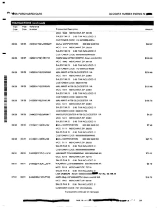 -
""'·'"ISA PURCHASING CARD ACCOUNT NUMBER ENDING IN:-
- TRANSACTIONS (continuedJ
Tran Post Reference
Date Date Number Transaction Desc ription Amount
MCC: 5942 MERCHANT ZIP: 98109
SALES TAX$ 0.00 TAX INCLUDED: 2
CUSTOMER CODE: 112-8255966-82874
08/24 08126 24164077D31ZX5MQW QUILL CORPORATION 800-982-3400 SC $80.97
MCC: 5111 MERCHANT ZIP: 29203
SALES TAX$ 0.00 TAX INCLUDED: 2
CUSTOMER CODE: 00000000000000000
08/26 08127 24692167E2XY577H1 AMZN Mktp US*MO18W9PO1 Amzn.com/bill WA $199.99
MCC: 5942 MERCHANT ZIP: 98109
SALES TAX:$ 0.00 TAX INCLUDED: 2
CUSTOMER CODE: 112-0055423-46298
08/28 08/29 24226387H2LR1M58M WAL-MART #1759GLOUCESTER VA $256.48
= MCC: 5411 MERCHANT ZIP. 23061
-- SALES TAX:$ 0.00 TAX INCLUDED: 0-= CUSTOMER CODE: 0828191759-= 08/28 08/29 24226387H2LR1X9BJ WAL-MART #1759GLOUCESTER VA $135.48---= MCC: 5411 MERCHANT ZIP: 23051- SALES TAX:$ 0.00 TAX INCLUDED: 0-= CUSTOMER CODE: 0828191759
- 08/28 08/29- 24226387H2LR1YXAF WAL-MART #1759GLOUCESTER VA $166.79
MCC. 5411 MERCHANT ZIP: 23051
- SALES TAX:$ 0.00 TAX INCLUDED: D-iiii CUSTOMER CODE: 0828191759
-- 08/28 08/29 24445007HBLNAN4YT WM SUPERCENTER #1759GLOUCESTER VA $4.37
- MCC: 5411 MERCHANT ZIP: 23061-- SALES TAX:$ 0.00 TAX INCLUDED: 0-- 08/30 08/31 24164077J321S3JSV QUILL CORPORATION 800-982·3400 SC $748
MCC: 5111 MERCHANT ZIP: 29203
SALES TAX$ 0 00 TAX INCLUDED:2
CUSTOMER CODE 00000000000000000
08/30 08/31 24164077J321S3JS2 QUILL CORPORATION 800-982-3400 SC $47.75
MCC 5111 MERCHANT ZIP: 29203
SALES TAX:$ 0.00 TAX INCLUDED: 2
CUSTOMER CODE: 00000000000000000
08131 08/31 24055237K2DKLL1VW WALMART.COM 8009666546 800-966-6546 AR $73.02
MCC: 5310 MERCHANT ZIP: 72716
SALES TAX:$ 0.00 TAX INCLUDED: 0
08/31 08/31 24055237K2DKLL1VW WALMART.COM 8009666546 800-966-6546 AR $9.19
MCC: 5310 MERCHANT ZIP: 72716
SALES TAX:$ 0.00 TAX INCLUDED: 0
LISA DOBSON ACCT: xxxxxxxxxxxdlllllll TOTAL: $3,184.29
07/31 08/01 24692166L2X5PZPQS AMZN Mktp US*MA9AO0PN1 Amzn.com/bill WA $18.76
MCC: 5942 MERCHANT ZIP: 98109
SALES TAX:$ 0.00 TAX INCLUDED: 2
CUSTOMER CODE: 7/31 Chromebook,
Transactions continued on next page
PAGE 95 of 1fflil ■ ••..... 'I< 230
 