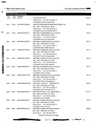 -
; '')fSA PURCHASING CARD ACCOUNT NUMBER ENDING IN...
•
TRANSACTIONS (continued)
Tran Post Reference
Date Date Number Transaction Description Amount·--- -- ------ ---- -
SALES TAX:$ 0.00 TAX INCLUDED: 2
CUSTOMER CODE: 8/6 TeacherGifts
08/07 08/08 24431066V2DL49ZAN AMAZON.COM*MA3GB67S2 AMZN AMZN.COMIBILL WA $71.28
MCC: 5942 MERCHANT ZIP: 98109
SALES TAX:$ 0.00 TAX INCLUDED: 2
CUSTOMER CODE:8/6 TEACHER GIFTS
08/07 08/08 24692166V2XFXX112 AMZN Mktp US*MA9UG8GP0 Amzn.com/bill WA $36.50
MCC: 5942 MERCHANT ZIP: 98109
SALES TAX:$ 0.00 TAX INCLUDED: 2
CUSTOMER CODE: 8/6 TeacherGifts
08/07 08/08 24692166V2XG43DY5 AMZN MktpUS*MA80P3G50 Amzn.com/bill WA $87 78
MCC: 5942 MERCHANT ZIP: 98109
� SALES TAX $ 0.00 TAX INCLUDED: 2
-= CUSTOMER CODE: 816 6th Grade His-= 08/07 08/08 24692166V2XHF0AH6 AMZN MktpUS'MA4MS39L2 Amzn.com/bill WA $57.51--- MCC 5942 MERCHANT ZIP 98109-=ii
SALES TAX;$ 0.00 TAX INCLUDED: 2
-� CUSTOMER CODE: 8/6 SludentStore
08/08 24692166V2XJQ5XDZ AMZN Mktp US*MA8LZ7732 Amzn.comlbill WA $545308107
== MGG: 5942 MERCHANT ZIP: 98109-- SALES TAX $ 0.00 TAX INCLUDED: 2
= CUSTOMER CODE: 8/6 6th Grade His
- 08/08 08/08 24692166W2XMX5TF5 AMZN Mktp US'MA5MN1621 Amzn.comlbill WA $27 17
MCC: 5942 MERCHANT ZIP: 98109-=ii SALES TAX:$ 0.00 TAX INCLUDED: 2-- CUSTOMER CODE: 8/7 Office- 08108 08/08 24692166W2XNGLPQT AMZN MktpUS'MA8UX7VZ0 Amzn.com/bill WA $31.34
MCC: 5942 MERCHANT ZIP: 98109
SALES TAX:$ 0 00 TAX INCLUDED: 2
CUSTOMER CODE: 8/7 Makerspace, 0
08108 08/09 24692166W2XWHHQ8S SSl'SCHOOL SPECIALTY 888-388-3224 WI $49.28
MCC: 5969 MERCHANT ZIP: 54942
SALES TAX:$ 0.00 TAX INCLUDED: 2
CUSTOMER CODE: 8/6 PAPERCLIPS
08/08 08/09 24692166W2X6MTEP4 AMSTERDAM PANT & LITHO 800-842-6006 NY $172.70
MCG: 5969 MERCHANT ZIP: 12010
SALES TAX:$ 3.45 TAX INCLUDED: 1
CUSTOMER GODE: F024359
08/08 08/09 24692166W2X64JR9Y AMZN Mktp us·MA9VA7XZ0 Amzn.com/bill WA $13.45
MCC: 5942 MERCHANT ZIP: 98109
SALES TAX:$ 0 00 TAX INCLUDED: 2
CUSTOMER CODE: 8/7 Office
01}/00 00/0� Z4o3ZlOOVVZMOF1Aa AMZN MKtp U5'MAoFO55Dl Amzn.com/0111 WA �54 Z!J
MCC: 5942 MERCHANT ZIP: 98109
SALES TAX:$ 0.00 TAX INCLUDED: 2
Transactions continued on next page
ua• LL rs PAGE 97 of 11 ...,:,.,;,,-"1,,,1,'••� 230
 