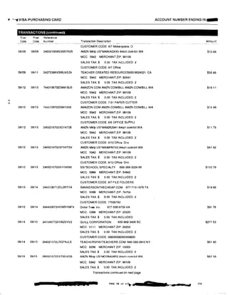 • �·'+tVISA PURCHASING CARD
N
TRANSACTIONS (continued>
Tran
Date
08i08
08/09
08/12
08/12
08/12
08/12
08/12
08/13
08/13
08/14
08/14
08/14
Post Reference
Date Number Transaction Description
------------·- ------·--- ---�------------ --·-- ---�--------------------------
CUSTOMER CODE: 8/7 Makerspace, 0
08/09 24692166W2X651N05 AMZN Mklp US'MA9VA3XV0 Amzn.comlbill WA
MCC: 5942 MERCHANT ZIP 98109
SALES TAX:$ 0.00 TAX INCLUDED: 2
CUSTOMER CODE: 8/7 Office
08/11 24275396XS66JV5Z4 TEACHER CREATED RESOURCES800-6624321 CA
MCC: 5943 MERCHANT ZIP: 92841
SALES TAX:$ 0.00 TAX INCLUDED 2
08/13 7443106702D9M1BJ5 AMAZON.COM AMZN.COM/BILL AMZN.COM/BILL WA
MCC: 5942 MERCHANT ZIP: 98109
SALES TAX:$ 0.00 TAX INCLUDED: 2
CUSTOMER CODE: 7131 PAPER CUTTER
08/13 744310670209V1058 AMAZON.COM AMZN.COM/BILL AMZN COM/BILL WA
MCC: 5942 MERCHANT ZIP: 98109
SALES TAX:$ 0.00 TAX INCLUDED: 2
CUSTOMER CODE: 8/5 OFFICE SUPPLI
08/13 2469216702XD7472B AMZN Mklp US*MA92K2941 Amzn.com/bill WA
MCC: 5942 MERCHANT ZIP: 98109
SALES TAX$ 0.00 TAX INCLUDED 2
CUSTOMER CODE: 8/12 Office. Driv
08/13 2469216702XF5HTSV AMZN Mktp US"MA99P6YV2 Amzn.com/bill WA
MCC 5942 MERCHANT ZIP: 98109
SALES TAX:$ 0.00 TAX INCLUDED: 2
CUSTOMER CO.DE: 8/12 Office. Driv
08/13 2469216702XHY49V6 SSl'SCHOOL SPECIALTY 888-388-3224 WI
MCC; 5969 MERCHANT ZIP; 54942
SALES TAX:$ 0.00 TAX INCLUDED: 2
CUSTOMER CODE: 8/7 FILE FOLDERS
08/14 2443106712DL0RTYA BANNERSONTHECHEAP.COM 877-710-1876 TX
MCC: 5099 MERCHANT ZIP: 78758
SALES TAX:$ 0 00 TAX INCLUDED: 2
CUSTOMER CODE: 77030782
08/14 244450072HEWRYMFV Dollar Tree, Inc. 877-530-8733 VA
MCC: 5399 MERCHANT ZIP: 23320
SALES TAX:$ 0.00 TAX INCLUDED
08/15 24164077231WZ0YV2 QUILL CORPORATION 800-982-3400 SC
MCC: 5111 MERCHANT ZIP: 29203
SALES TAX:$ 0.00 TAX INCLUDED: 2
CUSTOMER CODE: 00000000000000000
08/15 244921572LRGFNJLE TEACHERSPAYTEACHERS.COM 646-588-0910 NY
MCC: 8299 MERCHANT ZIP: 10003
SALES TAX:$ 0.00 TAX INCLUDED: 0
08/15 2469216722XT9EHGB AMZN Mktp US*MO76A04R2 Amzn.com/bill WA
MCC: 5942 MERCHANT ZIP: 98109
SALES TAX:$ 0.00 TAX INCLUDED: 2
Transactions continued on next page
• $1112 &!SI 14
ACCOUNT NUMBER ENDING IN:-
·-- - ·------- ------·
230
Amount
$10.88
$35.95
$18.11-
$15.46-
$11.75
$47.92
$155.78
$19.88
$91.76
$277.53
$67.80
$8738
 