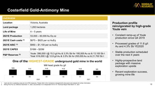 Costerfield Gold-Antimony Mine
Production profile
reinvigorated by high-grade
Youle vein
• Constant ramp-up of Youle
production since Q4 2019
• Processed grades of 11.6 g/t
Au and 4.3% Sb YE2020
• Stable production scheduled
over the next 4 years
• Highly-prospective land
package with massive
exploration upside
• Recent exploration success,
growing mine life
12
OVERVIEW
Location Victoria, Australia
Land package 1,293 hectares
Life of Mine 4 – 5 years
2021E Production 53,000 – 60,000 Au Eq oz
2021E Cash costs (1) $675 – $825 per oz AuEq
2021E AISC (1) $950 – $1,100 per oz AuEq
2021E CAPEX $16M – $20M
P&P Reserves (2) Youle: 396,000 t @ 15.3 g/t Au & 3.3% Sb for 195,000 Au oz & 13,100 Sb t
Total: 616,000 t @ 12.8 g/t Au & 3.5% Sb for 255,000 Au oz & 21,700 Sb t
1. Cash and all-in sustaining costs are non-IFRS measures. Please refer to the Company's management's discussion and analysis for further information.
2. Mining Plus Pty Ltd. Effective December 31, 2020, documented in an independent NI 43-101 Technical Report filed March 31, 2021
One of the HIGHEST-GRADE underground gold mine in the world
12.6 11.2 11.5 11.2 11.0 9.9
Q1 Q2 Q3 Q4 Q1 Q2
2020 2021
Mill head grade Au g/t
 