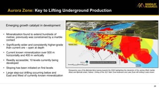 Aurora Zone: Key to Lifting Underground Production
• Mineralization found to extend hundreds of
metres; previously was constrained by a marble
contact
• Significantly wider and consistently higher-grade
than current ore – open at depth
• Current known mineralization over 500 m
horizontally and 400 m vertically
• Readily accessible; 10 levels currently being
developed
• Stoping has been initiated on first levels
• Large step-out drilling occurring below and
East and West of currently known mineralization
26
Emerging growth catalyst in development
Perspective view of the Björkdal Mine looking towards the SSW highlighting the interaction of the veining (Red) marble
(Blue) and Björkdal shear (Yellow). Drilling of the 2021 Main Zone extension and Lake Zone infill drilling is also shown
 