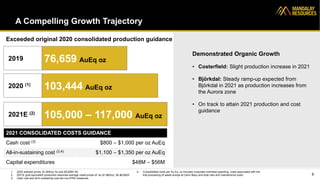 6
A Compelling Growth Trajectory
2019 76,659 AuEq oz
2020 (1)
103,444 AuEq oz
2021E (2)
105,000 – 117,000 AuEq oz
2021 CONSOLIDATED COSTS GUIDANCE
Cash cost (3) $800 – $1,000 per oz AuEq
All-in-sustaining cost (3,4) $1,100 – $1,350 per oz AuEq
Capital expenditures $48M – $56M
Exceeded original 2020 consolidated production guidance
Demonstrated Organic Growth
• Costerfield: Slight production increase in 2021
• Björkdal: Steady ramp-up expected from
Björkdal in 2021 as production increases from
the Aurora zone
• On track to attain 2021 production and cost
guidance
1. 2020 realized prices: $1,804/oz Au and $5,659/t Sb
2. 2021E gold equivalent production assumes average metal prices of: Au $1,860/oz, Sb $6,600/t
3. Cash cost and all-in sustaining cost are non-IFRS measures.
4. Consolidated costs per Au Eq. oz includes corporate overhead spending, costs associated with the
trial processing of waste dumps at Cerro Bayo and total care and maintenance costs
 