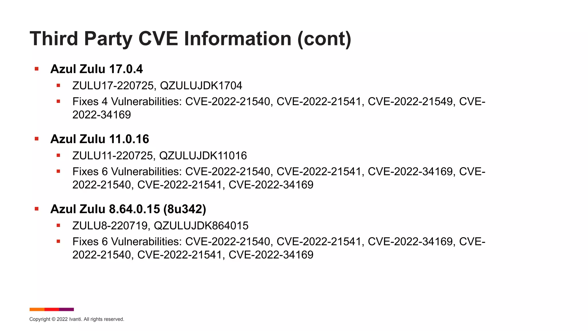 Copyright © 2022 Ivanti. All rights reserved.
Third Party CVE Information (cont)
 Azul Zulu 17.0.4
 ZULU17-220725, QZULUJDK1704
 Fixes 4 Vulnerabilities: CVE-2022-21540, CVE-2022-21541, CVE-2022-21549, CVE-
2022-34169
 Azul Zulu 11.0.16
 ZULU11-220725, QZULUJDK11016
 Fixes 6 Vulnerabilities: CVE-2022-21540, CVE-2022-21541, CVE-2022-34169, CVE-
2022-21540, CVE-2022-21541, CVE-2022-34169
 Azul Zulu 8.64.0.15 (8u342)
 ZULU8-220719, QZULUJDK864015
 Fixes 6 Vulnerabilities: CVE-2022-21540, CVE-2022-21541, CVE-2022-34169, CVE-
2022-21540, CVE-2022-21541, CVE-2022-34169
 