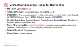 Copyright © 2023 Ivanti. All rights reserved.
MS23-08-MR8: Monthly Rollup for Server 2012
§ Maximum Severity: Critical
§ Affected Products: Microsoft Windows Server 2012 and IE
§ Description: This cumulative security update contains improvements that are part of update
KB 5028232 (released July 11, 2023). Bulletin is based on KB 5029295.
§ Impact: Remote Code Execution, Security Feature Bypass, Denial of Service, Elevation of
Privilege, and Information Disclosure
§ Fixes 24 Vulnerabilities: CVE-2023-36884 (re-issued) is known exploited and publicly
disclosed. See the Security Update Guide for the complete list of CVEs.
§ Restart Required: Requires restart
§ Known Issues: None reported
 
