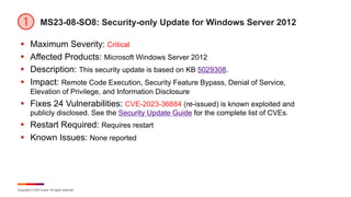 Copyright © 2023 Ivanti. All rights reserved.
MS23-08-SO8: Security-only Update for Windows Server 2012
§ Maximum Severity: Critical
§ Affected Products: Microsoft Windows Server 2012
§ Description: This security update is based on KB 5029308.
§ Impact: Remote Code Execution, Security Feature Bypass, Denial of Service,
Elevation of Privilege, and Information Disclosure
§ Fixes 24 Vulnerabilities: CVE-2023-36884 (re-issued) is known exploited and
publicly disclosed. See the Security Update Guide for the complete list of CVEs.
§ Restart Required: Requires restart
§ Known Issues: None reported
 