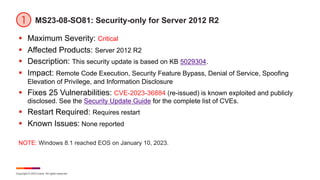 Copyright © 2023 Ivanti. All rights reserved.
MS23-08-SO81: Security-only for Server 2012 R2
§ Maximum Severity: Critical
§ Affected Products: Server 2012 R2
§ Description: This security update is based on KB 5029304.
§ Impact: Remote Code Execution, Security Feature Bypass, Denial of Service, Spoofing
Elevation of Privilege, and Information Disclosure
§ Fixes 25 Vulnerabilities: CVE-2023-36884 (re-issued) is known exploited and publicly
disclosed. See the Security Update Guide for the complete list of CVEs.
§ Restart Required: Requires restart
§ Known Issues: None reported
NOTE: Windows 8.1 reached EOS on January 10, 2023.
 