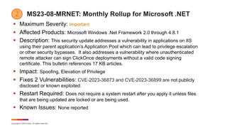 Copyright © 2023 Ivanti. All rights reserved.
MS23-08-MRNET: Monthly Rollup for Microsoft .NET
§ Maximum Severity: Important
§ Affected Products: Microsoft Windows .Net Framework 2.0 through 4.8.1
§ Description: This security update addresses a vulnerability in applications on IIS
using their parent application’s Application Pool which can lead to privilege escalation
or other security bypasses. It also addresses a vulnerability where unauthenticated
remote attacker can sign ClickOnce deployments without a valid code signing
certificate. This bulletin references 17 KB articles.
§ Impact: Spoofing, Elevation of Privilege
§ Fixes 2 Vulnerabilities: CVE-2023-36873 and CVE-2023-36899 are not publicly
disclosed or known exploited.
§ Restart Required: Does not require a system restart after you apply it unless files
that are being updated are locked or are being used.
§ Known Issues: None reported
 