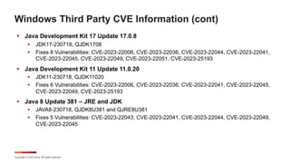 Copyright © 2023 Ivanti. All rights reserved.
Windows Third Party CVE Information (cont)
§ Java Development Kit 17 Update 17.0.8
§ JDK17-230718, QJDK1708
§ Fixes 8 Vulnerabilities: CVE-2023-22006, CVE-2023-22036, CVE-2023-22044, CVE-2023-22041,
CVE-2023-22045, CVE-2023-22049, CVE-2023-22051, CVE-2023-25193
§ Java Development Kit 11 Update 11.0.20
§ JDK11-230718, QJDK11020
§ Fixes 6 Vulnerabilities: CVE-2023-22006, CVE-2023-22036, CVE-2023-22041, CVE-2023-22045,
CVE-2023-22049, CVE-2023-25193
§ Java 8 Update 381 – JRE and JDK
§ JAVA8-230718, QJDK8U381 and QJRE8U381
§ Fixes 5 Vulnerabilities: CVE-2023-22043, CVE-2023-22041, CVE-2023-22044, CVE-2023-22049,
CVE-2023-22045
 