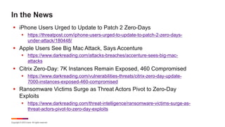 Copyright © 2023 Ivanti. All rights reserved.
In the News
§ iPhone Users Urged to Update to Patch 2 Zero-Days
§ https://threatpost.com/iphone-users-urged-to-update-to-patch-2-zero-days-
under-attack/180448/
§ Apple Users See Big Mac Attack, Says Accenture
§ https://www.darkreading.com/attacks-breaches/accenture-sees-big-mac-
attacks
§ Citrix Zero-Day: 7K Instances Remain Exposed, 460 Compromised
§ https://www.darkreading.com/vulnerabilities-threats/citrix-zero-day-update-
7000-instances-exposed-460-compromised
§ Ransomware Victims Surge as Threat Actors Pivot to Zero-Day
Exploits
§ https://www.darkreading.com/threat-intelligence/ransomware-victims-surge-as-
threat-actors-pivot-to-zero-day-exploits
 