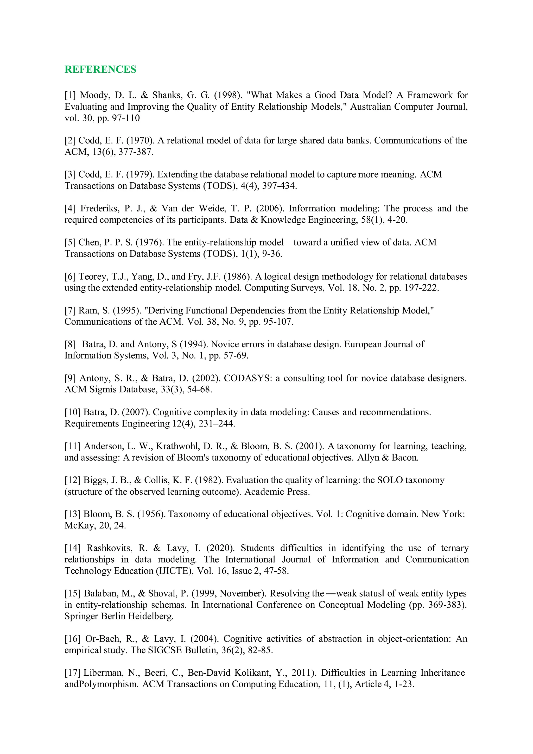 REFERENCES
[1] Moody, D. L. & Shanks, G. G. (1998). "What Makes a Good Data Model? A Framework for
Evaluating and Improving the Quality of Entity Relationship Models," Australian Computer Journal,
vol. 30, pp. 97-110
[2] Codd, E. F. (1970). A relational model of data for large shared data banks. Communications of the
ACM, 13(6), 377-387.
[3] Codd, E. F. (1979). Extending the database relational model to capture more meaning. ACM
Transactions on Database Systems (TODS), 4(4), 397-434.
[4] Frederiks, P. J., & Van der Weide, T. P. (2006). Information modeling: The process and the
required competencies of its participants. Data & Knowledge Engineering, 58(1), 4-20.
[5] Chen, P. P. S. (1976). The entity-relationship model—toward a unified view of data. ACM
Transactions on Database Systems (TODS), 1(1), 9-36.
[6] Teorey, T.J., Yang, D., and Fry, J.F. (1986). A logical design methodology for relational databases
using the extended entity-relationship model. Computing Surveys, Vol. 18, No. 2, pp. 197-222.
[7] Ram, S. (1995). "Deriving Functional Dependencies from the Entity Relationship Model,"
Communications of the ACM. Vol. 38, No. 9, pp. 95-107.
[8] Batra, D. and Antony, S (1994). Novice errors in database design. European Journal of
Information Systems, Vol. 3, No. 1, pp. 57-69.
[9] Antony, S. R., & Batra, D. (2002). CODASYS: a consulting tool for novice database designers.
ACM Sigmis Database, 33(3), 54-68.
[10] Batra, D. (2007). Cognitive complexity in data modeling: Causes and recommendations.
Requirements Engineering 12(4), 231–244.
[11] Anderson, L. W., Krathwohl, D. R., & Bloom, B. S. (2001). A taxonomy for learning, teaching,
and assessing: A revision of Bloom's taxonomy of educational objectives. Allyn & Bacon.
[12] Biggs, J. B., & Collis, K. F. (1982). Evaluation the quality of learning: the SOLO taxonomy
(structure of the observed learning outcome). Academic Press.
[13] Bloom, B. S. (1956). Taxonomy of educational objectives. Vol. 1: Cognitive domain. New York:
McKay, 20, 24.
[14] Rashkovits, R. & Lavy, I. (2020). Students difficulties in identifying the use of ternary
relationships in data modeling. The International Journal of Information and Communication
Technology Education (IJICTE), Vol. 16, Issue 2, 47-58.
[15] Balaban, M., & Shoval, P. (1999, November). Resolving the ―weak status‖ of weak entity types
in entity-relationship schemas. In International Conference on Conceptual Modeling (pp. 369-383).
Springer Berlin Heidelberg.
[16] Or-Bach, R., & Lavy, I. (2004). Cognitive activities of abstraction in object-orientation: An
empirical study. The SIGCSE Bulletin, 36(2), 82-85.
[17] Liberman, N., Beeri, C., Ben-David Kolikant, Y., 2011). Difficulties in Learning Inheritance
andPolymorphism. ACM Transactions on Computing Education, 11, (1), Article 4, 1-23.
 