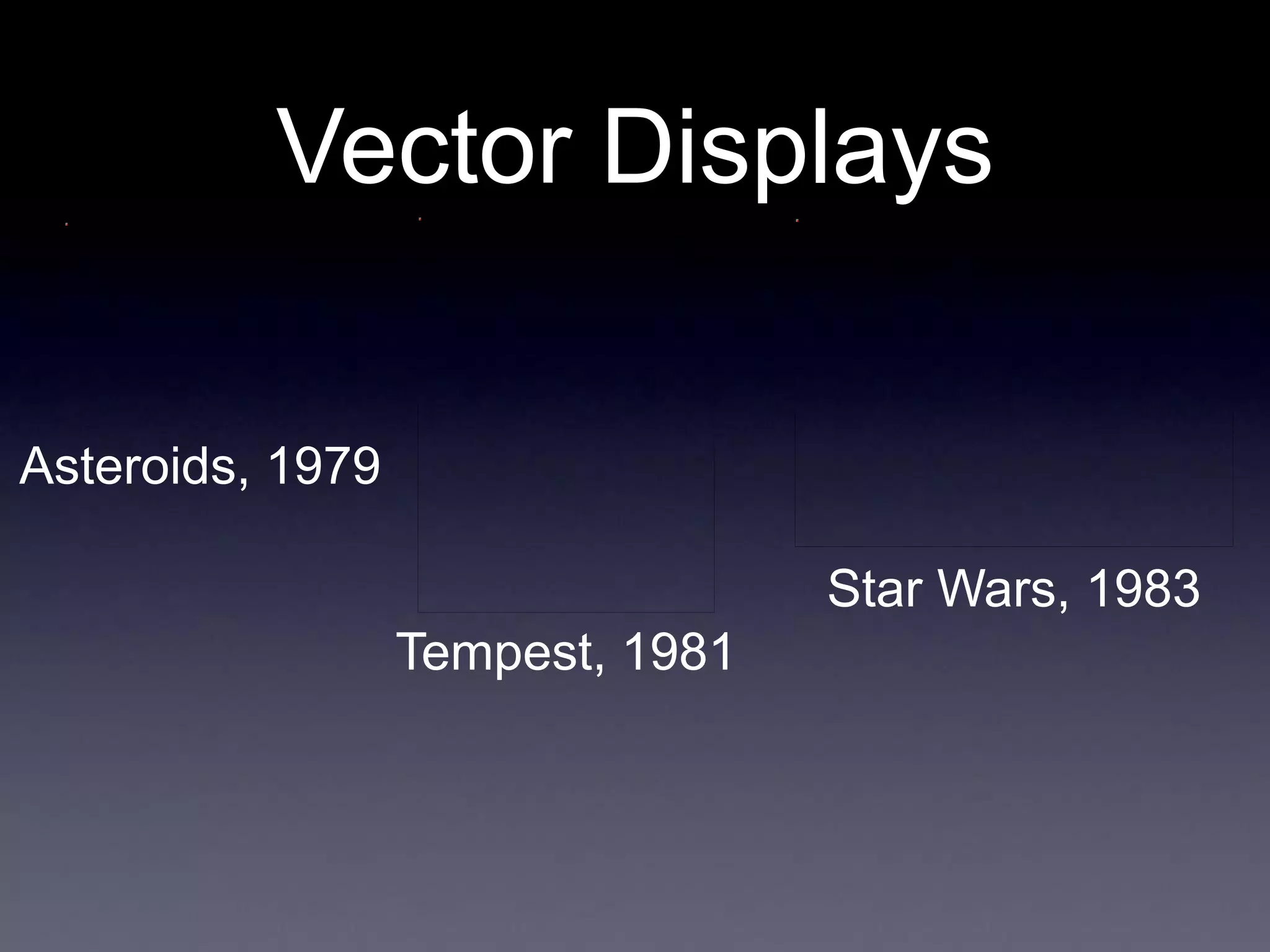 Vector Displays
Asteroids, 1979
Tempest, 1981
Star Wars, 1983
 