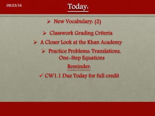  Practice Problems: Translations,
One-Step Equations
 A Closer Look at the Khan Academy
Reminder:
 CW1.1 Due Today for full credit
 Classwork Grading Criteria
08/23/16
 New Vocabulary: (2)
 