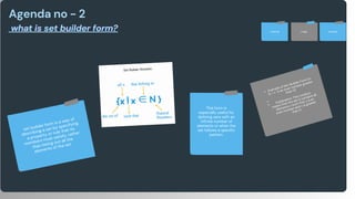 This form is
especially useful for
defining sets with an
infinite number of
elements or when the
set follows a specific
pattern.
set builder form is a way of
describing a set by specifying
a property or rule that its
members must satisfy, rather
than listing out all the
elements of the set.
Example of Set-Builder Form S=
{x∣x is an even number greater
than 0}
Explanation: This notation
means that the set S contains all
elements x such that x is an
even number and x is greater
than 0.
example
image
meaning
Agenda no - 2
what is set builder form?
what is set builder form?
what is set builder form?
 