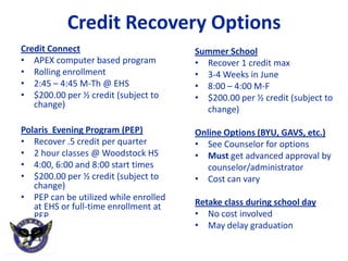 Credit Recovery Options
Credit Connect                         Summer School
• APEX computer based program          • Recover 1 credit max
• Rolling enrollment                   • 3-4 Weeks in June
• 2:45 – 4:45 M-Th @ EHS               • 8:00 – 4:00 M-F
• $200.00 per ½ credit (subject to     • $200.00 per ½ credit (subject to
   change)
                                         change)

Polaris Evening Program (PEP)          Online Options (BYU, GAVS, etc.)
• Recover .5 credit per quarter        • See Counselor for options
• 2 hour classes @ Woodstock HS        • Must get advanced approval by
• 4:00, 6:00 and 8:00 start times         counselor/administrator
• $200.00 per ½ credit (subject to     • Cost can vary
   change)
• PEP can be utilized while enrolled
   at EHS or full-time enrollment at   Retake class during school day
   PEP                                 • No cost involved
                                       • May delay graduation
 