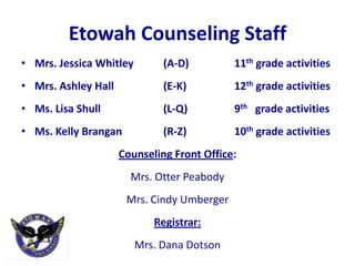 Etowah Counseling Staff
• Mrs. Jessica Whitley        (A-D)         11th grade activities
• Mrs. Ashley Hall            (E-K)         12th grade activities
• Ms. Lisa Shull              (L-Q)         9th grade activities
• Ms. Kelly Brangan           (R-Z)         10th grade activities
                     Counseling Front Office:
                       Mrs. Otter Peabody
                      Mrs. Cindy Umberger
                            Registrar:
                         Mrs. Dana Dotson
 
