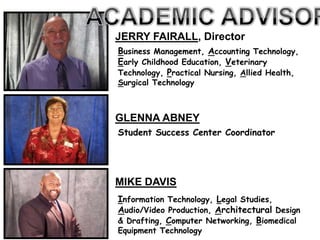 JERRY FAIRALL, Director
Business Management, Accounting Technology,
Early Childhood Education, Veterinary
Technology, Practical Nursing, Allied Health,
Surgical Technology



GLENNA ABNEY
Student Success Center Coordinator




MIKE DAVIS
Information Technology, Legal Studies,
Audio/Video Production, Architectural Design
& Drafting, Computer Networking, Biomedical
Equipment Technology
 