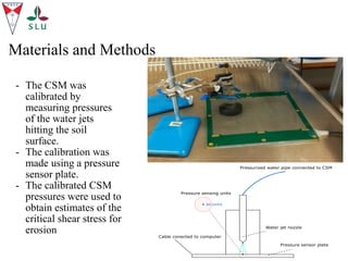 - The CSM was
calibrated by
measuring pressures
of the water jets
hitting the soil
surface.
- The calibration was
made using a pressure
sensor plate.
- The calibrated CSM
pressures were used to
obtain estimates of the
critical shear stress for
erosion
Materials and Methods
 
