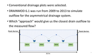 • Conventional drainage plots were selected.
• DRAINMOD 6.1 was run from 2009 to 2013 to simulate
outflow for the asymmetrical drainage system.
• Which “approach” would give us the closest drain outflow to
the measured flow?
6
3.8 m 3.8 m
3.8 m
3.8 m
15.2 m
Plastic Barriers Plastic Barriers
 