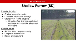 Shallow Furrow (SD)
Potential Benefits
● Gradual vegetative banks
● Little to no subsurface drainage
● Single outlet contr...