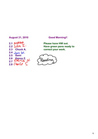 August 31, 2010      Good Morning!!

2.1               Please have HW out.
2.2               Have green pens ready to
2.3    Chuck A.   correct your work. 
2.4
2.5    Sami
2.6    Danny Z.
2.7
2.8




                                             1
 