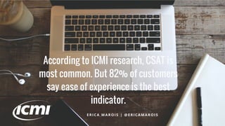 According to ICMI research, CSAT is
most common. But 82% of customers
say ease of experience is the best
indicator.
E R I C A M A R O I S | @ E R I C A M A R O I S
 