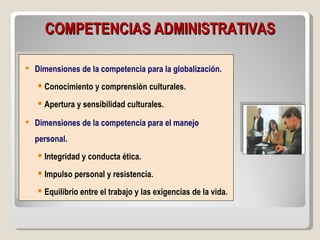 COMPETENCIAS ADMINISTRATIVAS

   Dimensiones de la competencia para la globalización.
     Conocimiento y comprensión culturales.
     Apertura y sensibilidad culturales.

   Dimensiones de la competencia para el manejo
    personal.
     Integridad y conducta ética.
     Impulso personal y resistencia.
     Equilibrio entre el trabajo y las exigencias de la vida.
 