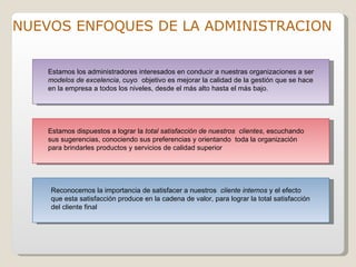 NUEVOS ENFOQUES DE LA ADMINISTRACION


    Estamos los administradores interesados en conducir a nuestras organizaciones a ser
    modelos de excelencia, cuyo objetivo es mejorar la calidad de la gestión que se hace
    en la empresa a todos los niveles, desde el más alto hasta el más bajo.




    Estamos dispuestos a lograr la total satisfacción de nuestros clientes, escuchando
    sus sugerencias, conociendo sus preferencias y orientando toda la organización
    para brindarles productos y servicios de calidad superior




    Reconocemos la importancia de satisfacer a nuestros cliente internos y el efecto
    que esta satisfacción produce en la cadena de valor, para lograr la total satisfacción
    del cliente final
 