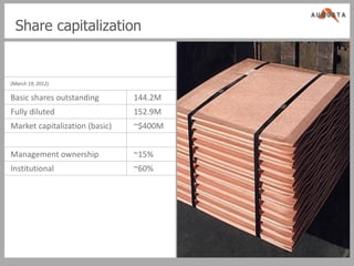Share capitalization


(March 19, 2012)

Basic shares outstanding        144.2M
Fully diluted                   152.9M
Market capitalization (basic)   ~$400M


Management ownership            ~15%
Institutional                   ~60%




TSX/NYSE AMEX:AZC                        15
 