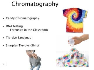 Chromatography

• Candy Chromatography

• DNA testing
   – Forensics in the Classroom

• Tie-dye Bandanas

• Sharpies Tie-dye (Shirt)
 