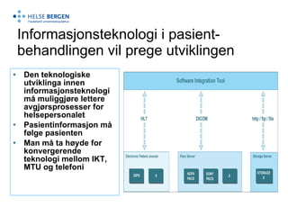 Informasjonsteknologi i pasient-behandlingen vil prege utviklingen Den teknologiske utviklinga innen informasjonsteknologi må muliggjøre lettere avgjørsprosesser for helsepersonalet Pasientinformasjon må følge pasienten Man må ta høyde for konvergerende teknologi mellom   IKT, MTU og telefoni  
