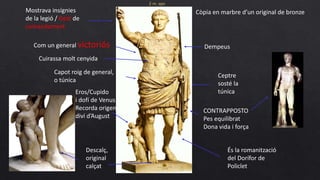 Còpia en marbre d’un original de bronze
2 m. apx
DempeusCom un general victoriós
Capot roig de general,
o túnica
Cuirassa molt cenyida
Descalç,
original
calçat
Eros/Cupido
i dofí de Venus
Recorda origen
diví d’August
Ceptre
sosté la
túnica
Mostrava insígnies
de la legió / Gest de
comandament
CONTRAPPOSTO
Pes equilibrat
Dona vida i força
És la romanització
del Dorífor de
Policlet
 