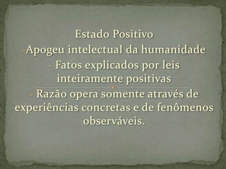 Estado Positivo
-Apogeu intelectual da humanidade
- Fatos explicados por leis
inteiramente positivas
- Razão opera somente através de
experiências concretas e de fenômenos
observáveis.
 