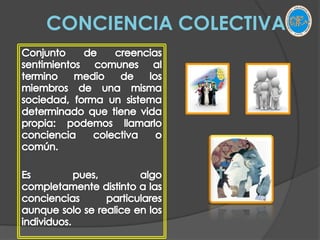 ANOMIAPara Durkeim , elaboro el concepto de anomia, los anómicos o tipos sociales  desviados son los disidentes, los que no están de acuerdo; son  los que rompen el equilibrio funcional, el estado normal y, por consiguiente, caen en le estado anormal.Ejemplo:Los que viven en una sociedad y no rompen con una armonía social ideal tienen salud social, y el que rompe, el que no la acepta, cae dentro de la enfermedad socia l.La sociedad se observa como un todo, como un sistema en el cual sus partes interactúan y están relacionadas  entre sí. Este todo puede ser considerado como una estructura parcial, compuesta por subgrupos que ejercen una influencia definitiva en los cambios o alteraciones en la estructura total.